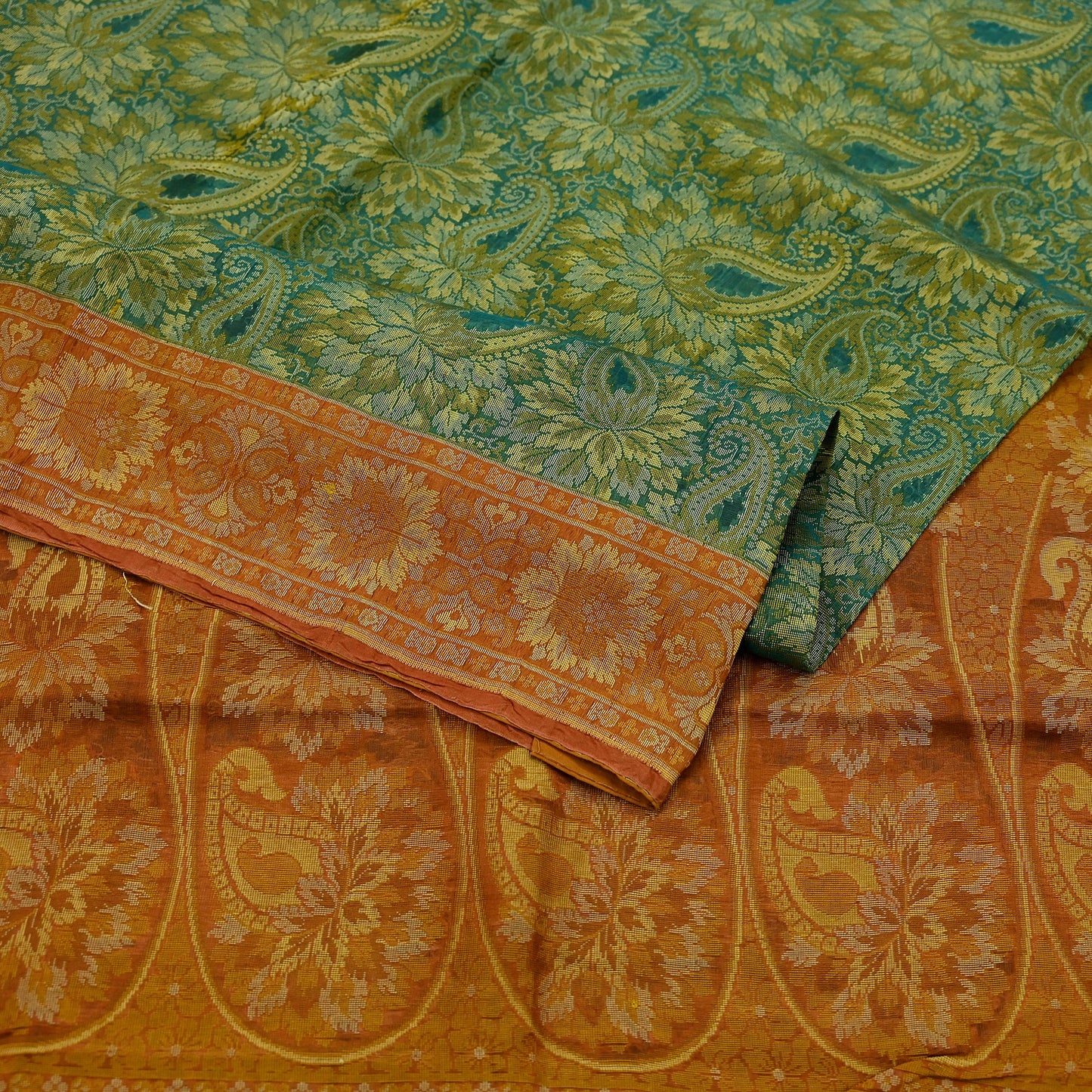 Indian Vintage Sari Orange & Green 100% Pure Silk Hand Woven Sarees Craft Fabric 5Yd Ethnic Sewing Dress making Crafting Quilting Upcycle