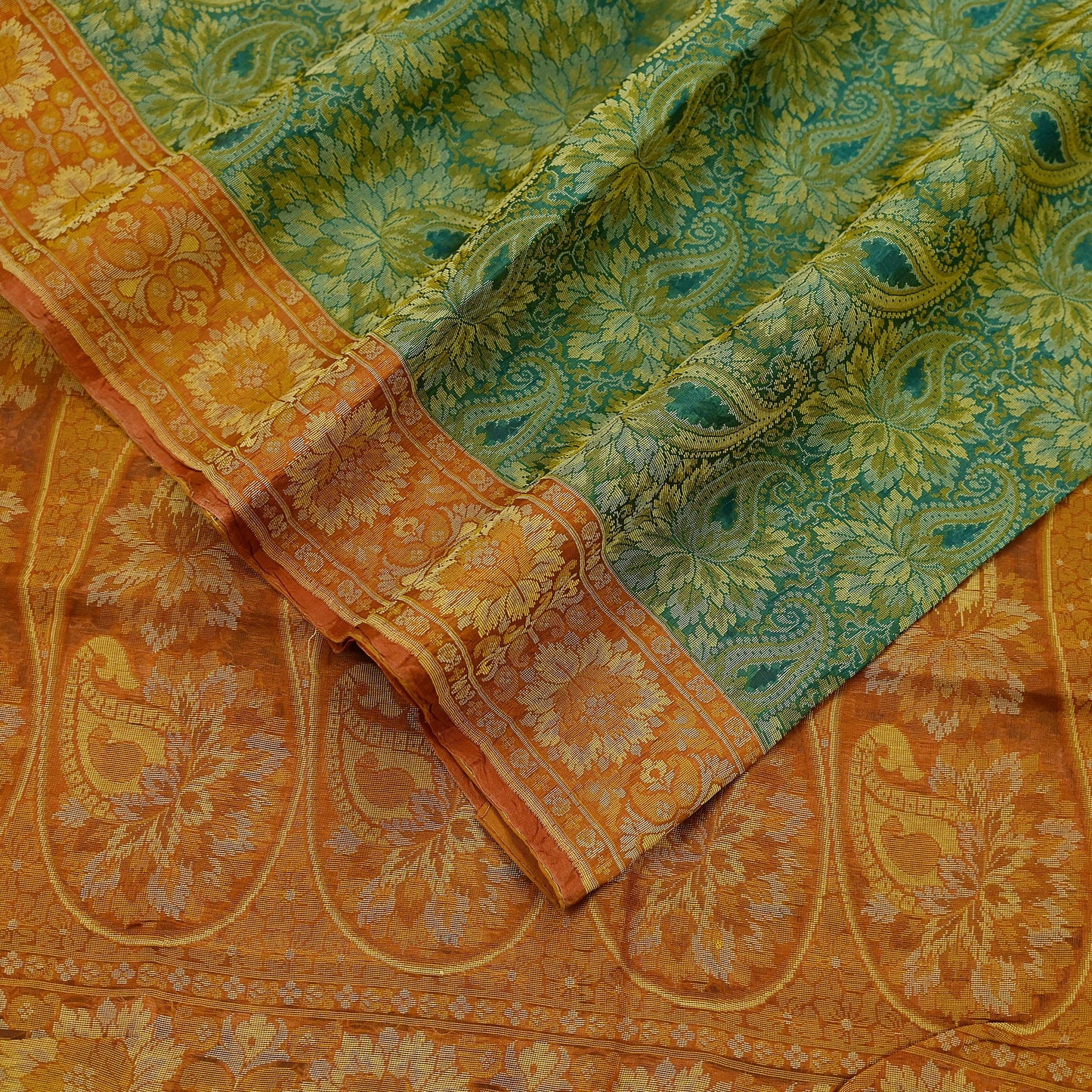Indian Vintage Sari Orange & Green 100% Pure Silk Hand Woven Sarees Craft Fabric 5Yd Ethnic Sewing Dress making Crafting Quilting Upcycle