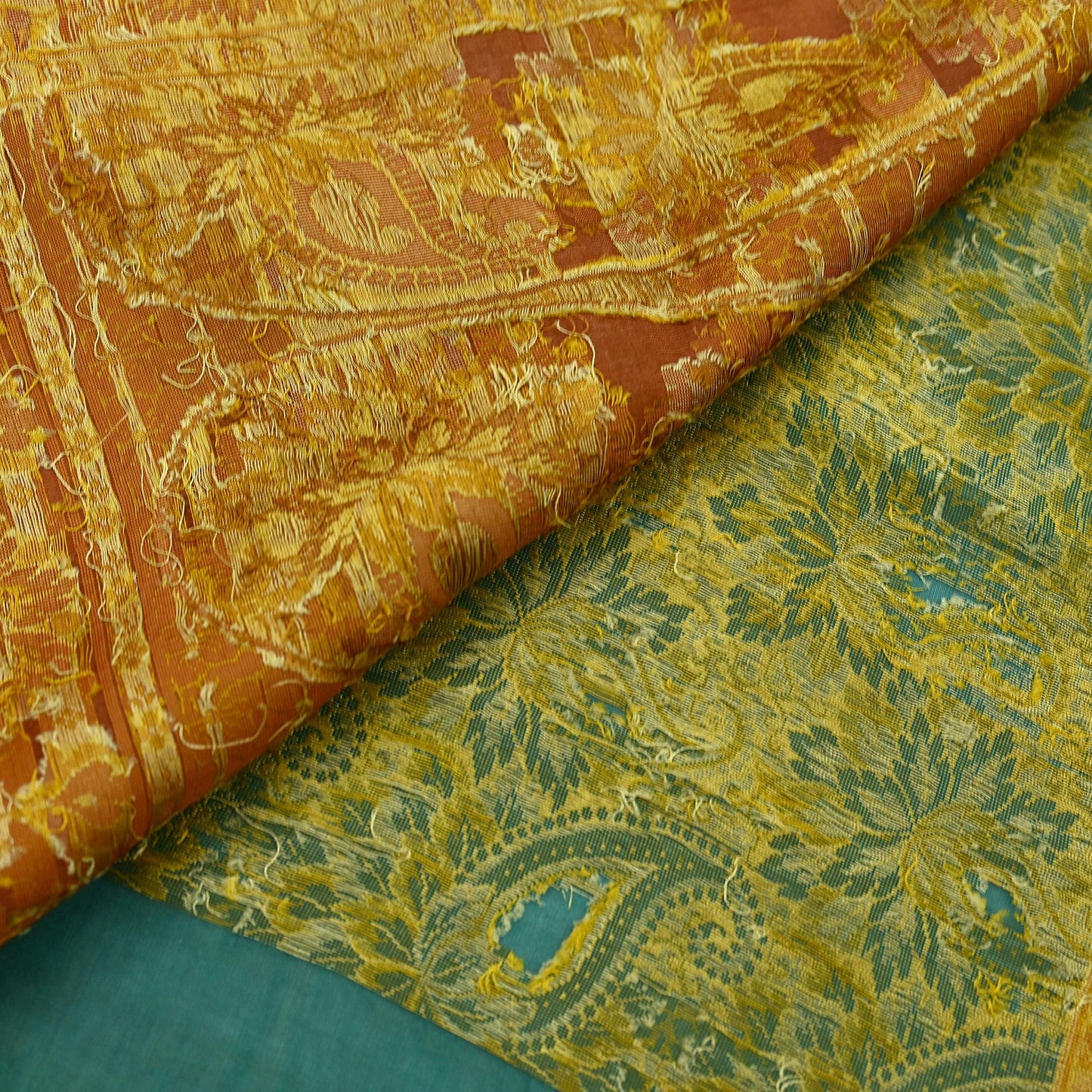 Indian Vintage Sari Orange & Green 100% Pure Silk Hand Woven Sarees Craft Fabric 5Yd Ethnic Sewing Dress making Crafting Quilting Upcycle