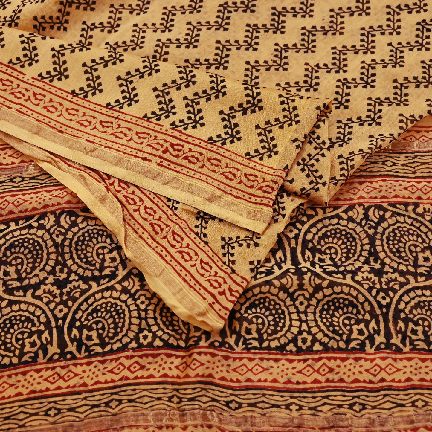 Indian Vintage Sari Saffron Pure chanderi Silk Block Printed Sarees Craft Fabric 5Yd Zari Border Floral Dress making bollywood silk sarees