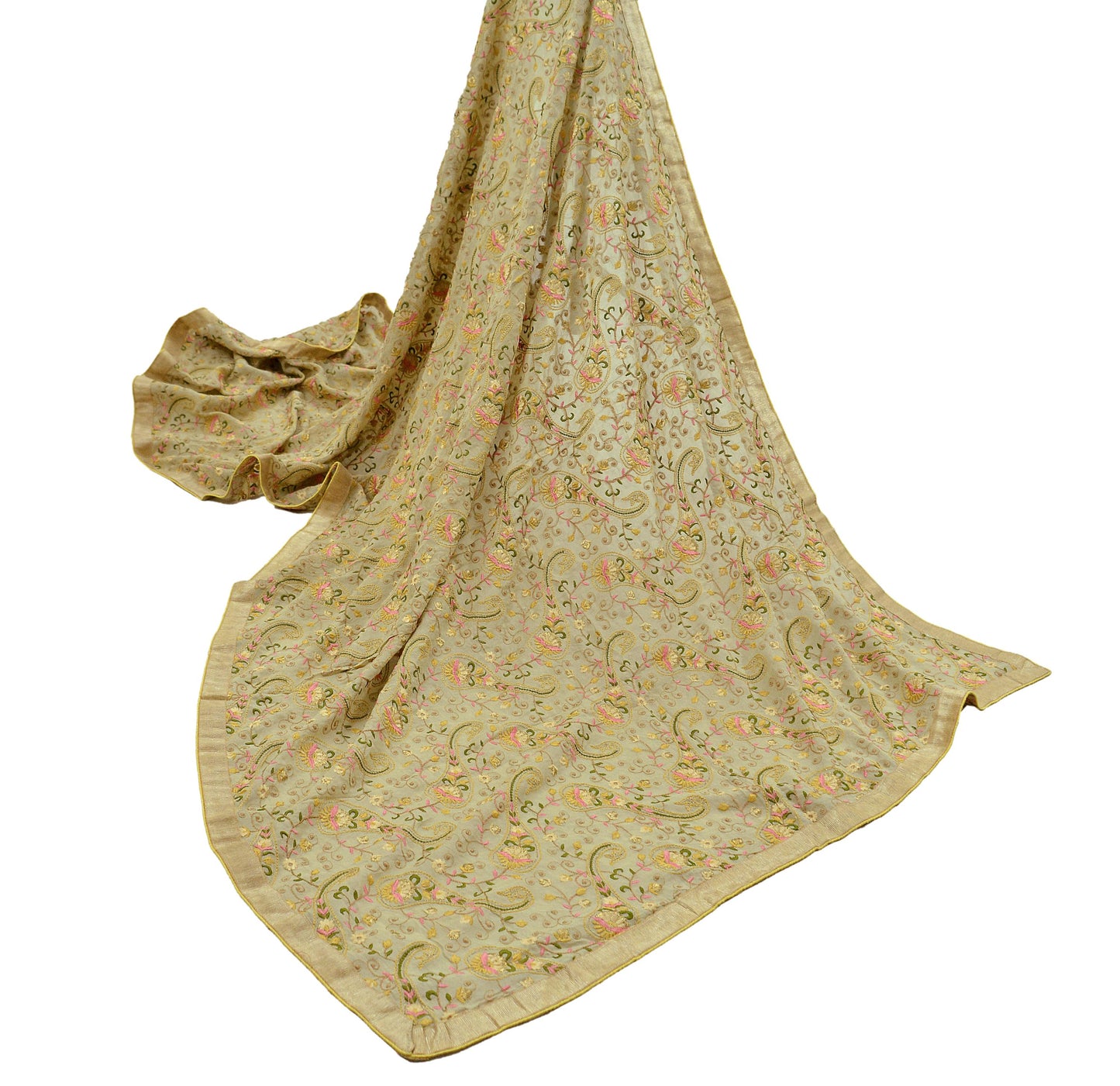 Indian Vintage Beige Dupatta Blend Georgette Long Stole Hand Embroidered Scarves Floral Design Stole Veil Wrap
