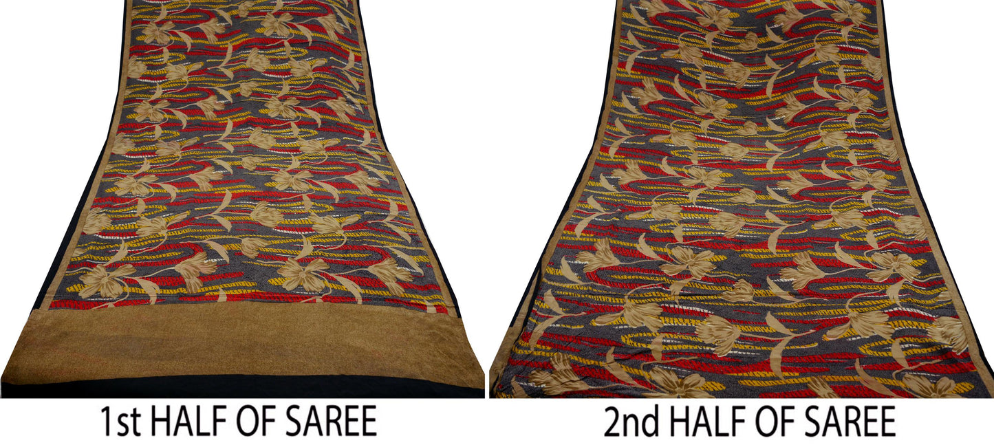 Indian Vintage Sari Brown & Gray Pure Crepe Silk Printed Sarees 5yd Sewing Craft Fabric Floral Soft Wrap Dress making Upcycle Quilting