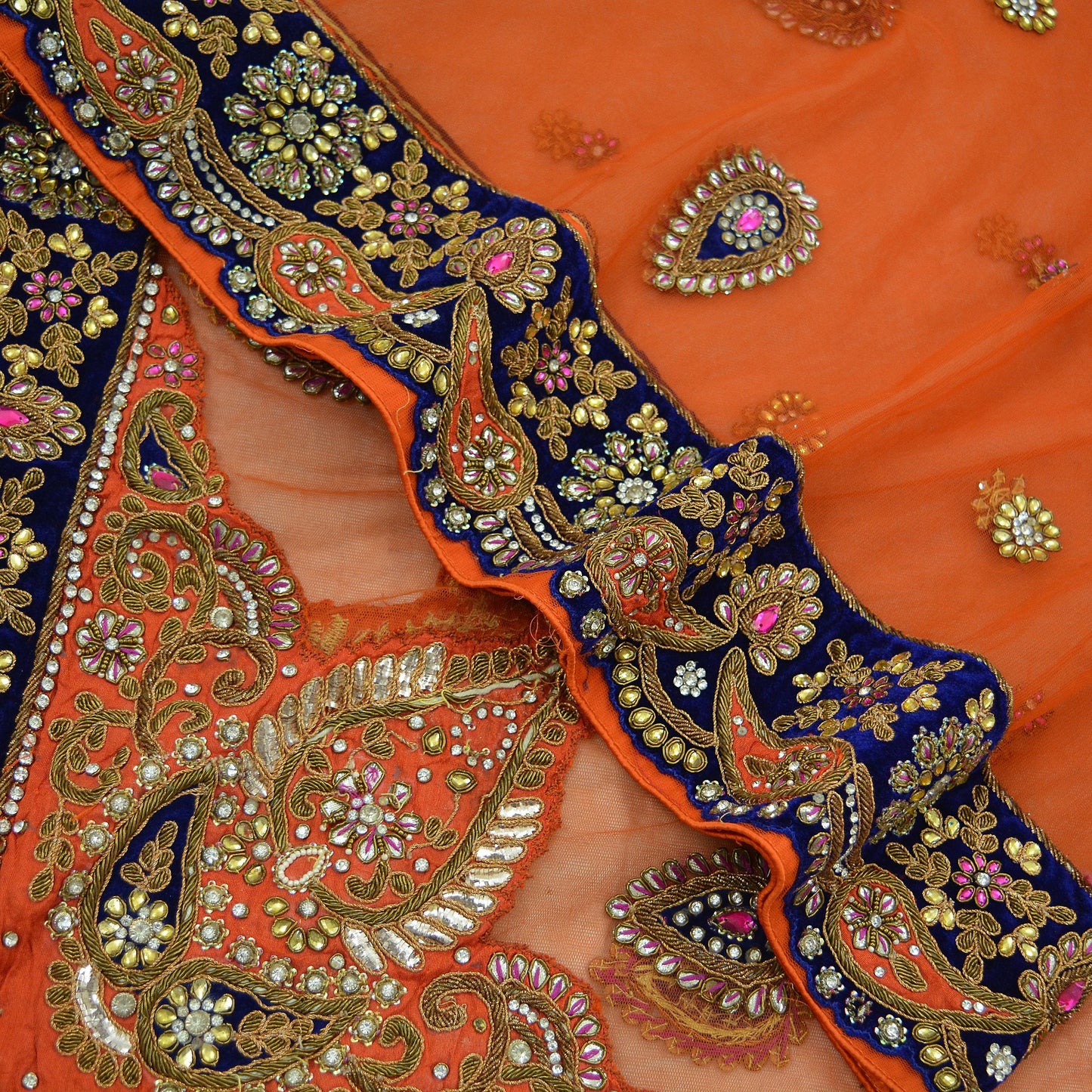 Indian Vintage Heavy Orange Dupatta Net Mesh Long Stole Hand Embroidered Scarves Zardozi/ Dabka Zari Bridal/ Wedding Veil