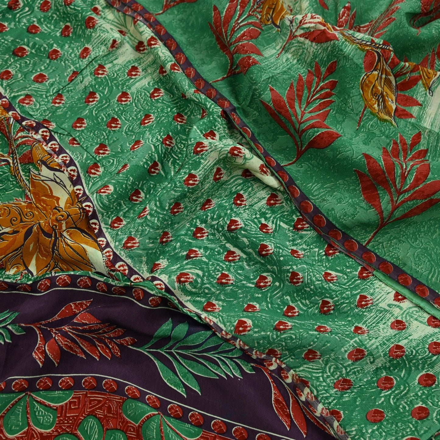 Indian Vintage Sari Green Pure Crepe Silk Printed Saree 5yard Sewing Floral Soft Craft Fabric Ethnic Wrap Dress Making Crafting Quilting