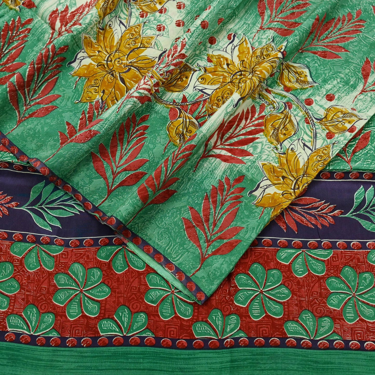 Indian Vintage Sari Green Pure Crepe Silk Printed Saree 5yard Sewing Floral Soft Craft Fabric Ethnic Wrap Dress Making Crafting Quilting
