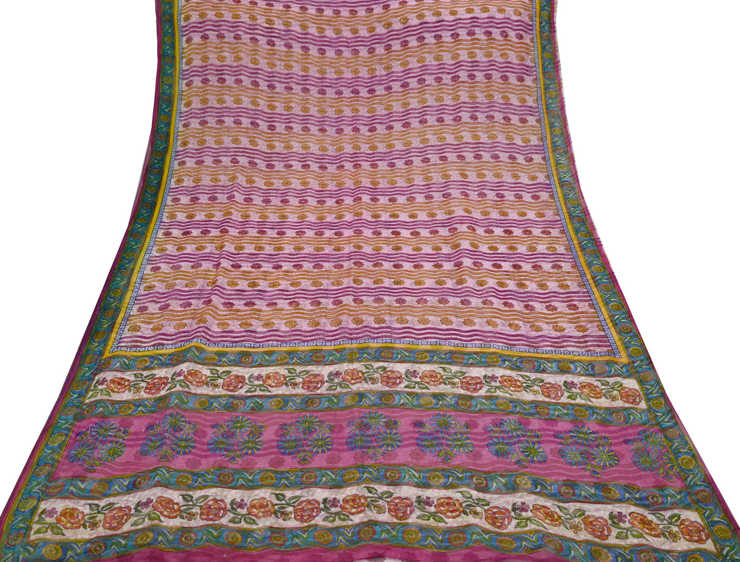 Indian Vintage Sari Pink Pure Georgette Silk Printed Saree Craft Fabric Sewing 6Yd Soft Light Dress Making Crafting Quilting Upcycle
