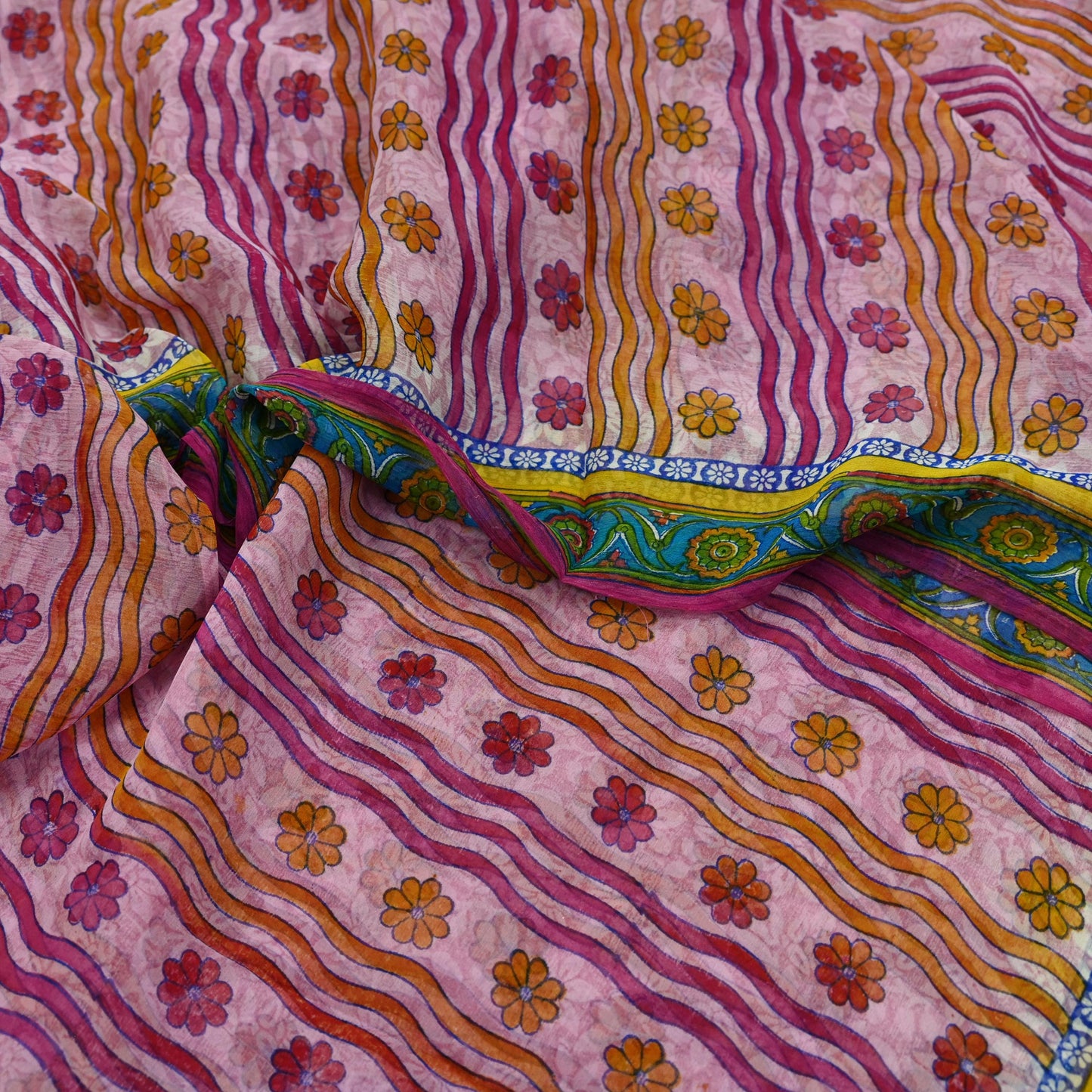 Indian Vintage Sari Pink Pure Georgette Silk Printed Saree Craft Fabric Sewing 6Yd Soft Light Dress Making Crafting Quilting Upcycle