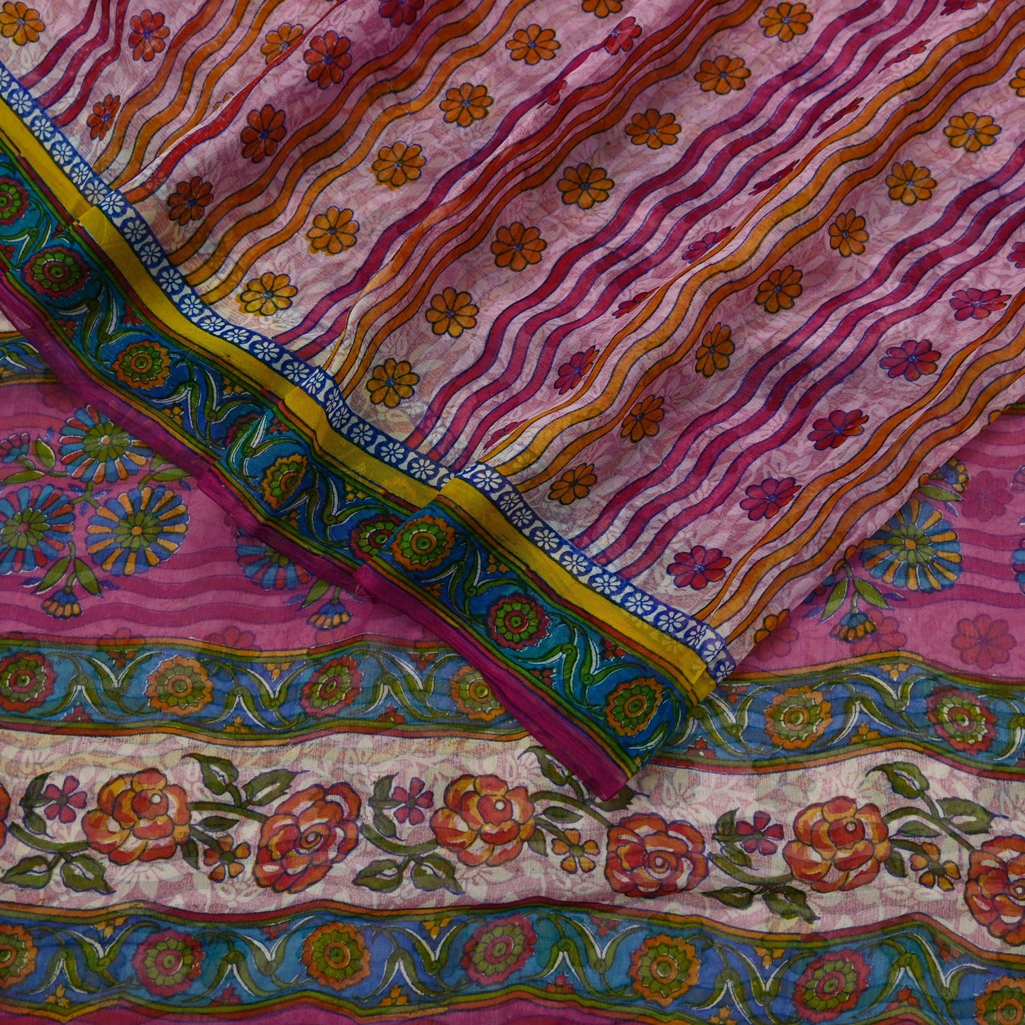 Indian Vintage Sari Pink Pure Georgette Silk Printed Saree Craft Fabric Sewing 6Yd Soft Light Dress Making Crafting Quilting Upcycle