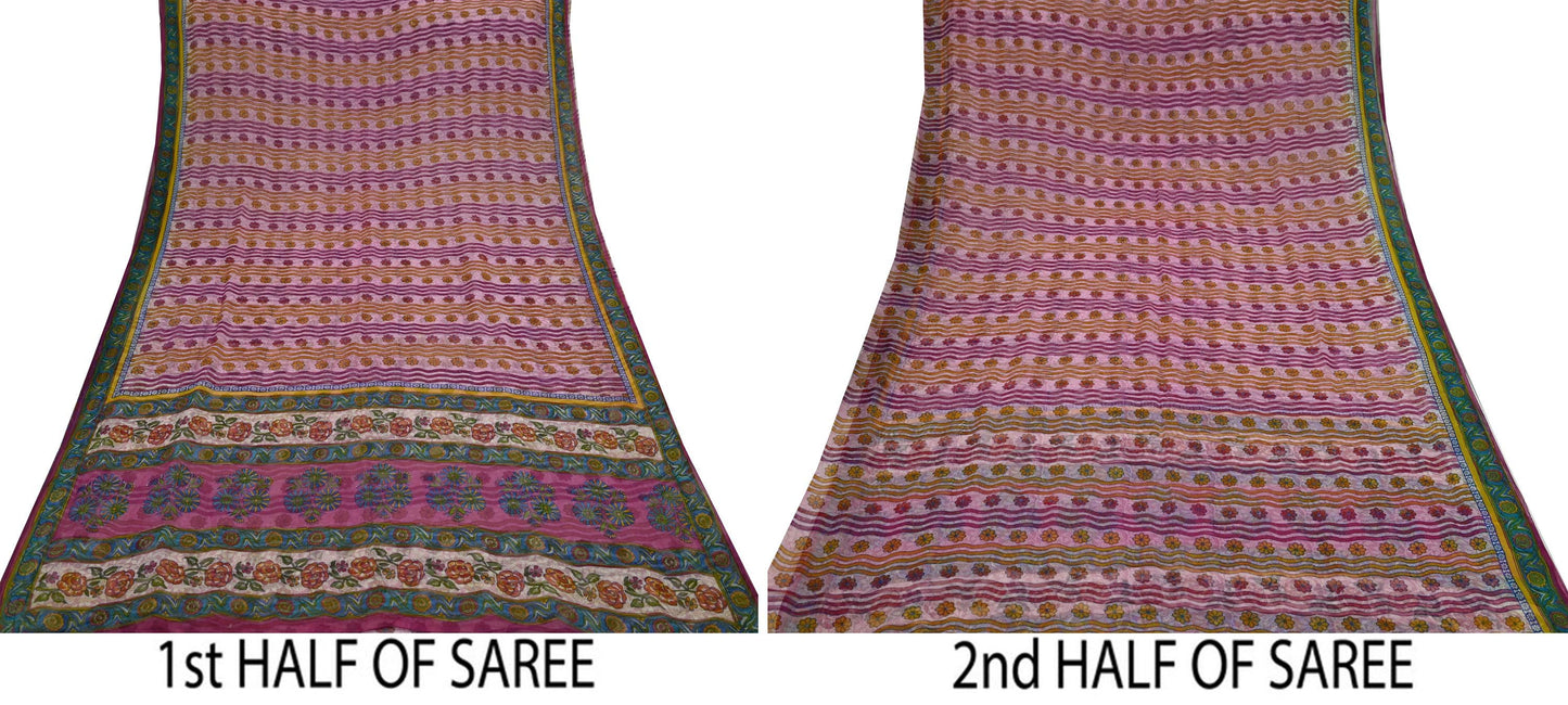 Indian Vintage Sari Pink Pure Georgette Silk Printed Saree Craft Fabric Sewing 6Yd Soft Light Dress Making Crafting Quilting Upcycle