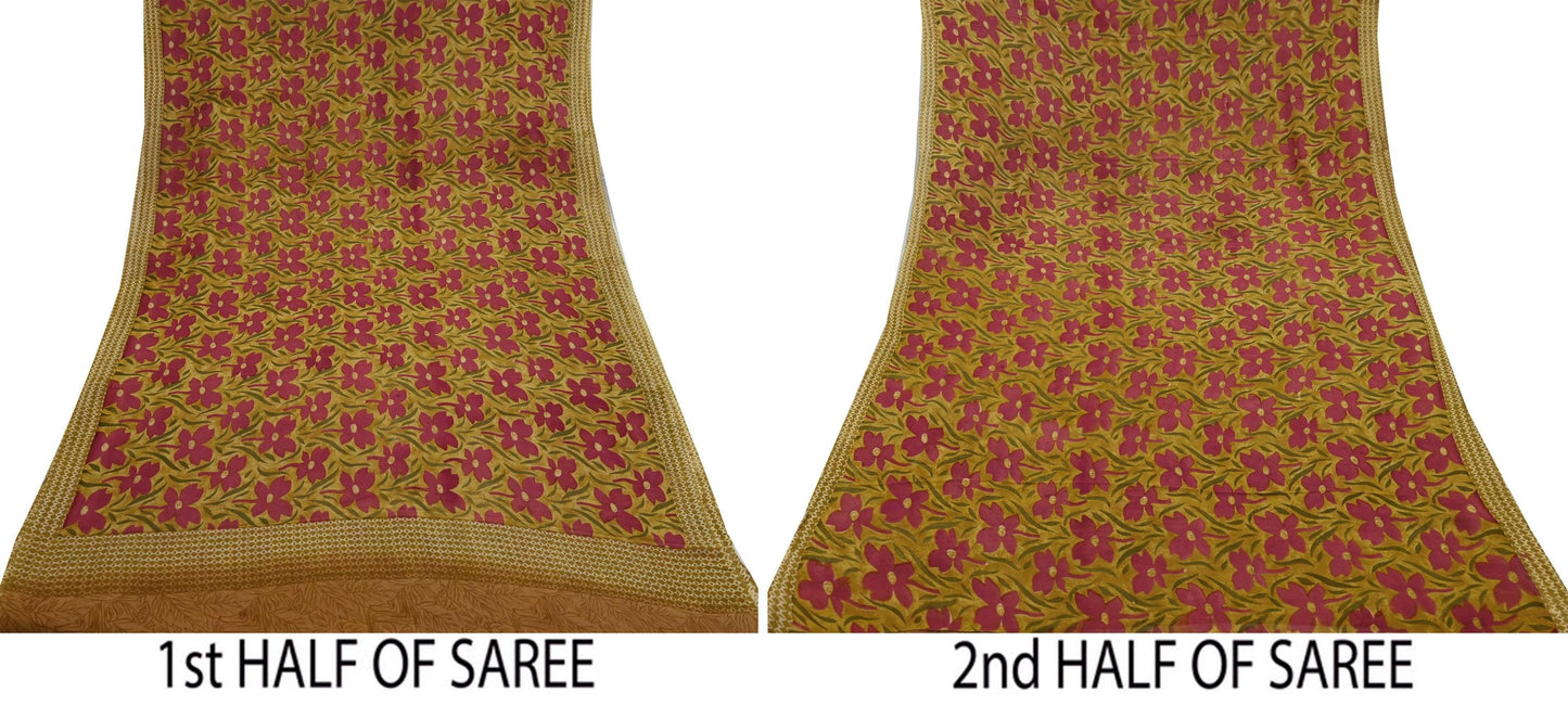 Women Vintage Sari Green Pure Georgette Silk Printed Saree Craft Fabric Sewing 5Yd Soft Light Dress Making Floral Quilting Crafting Upcycle