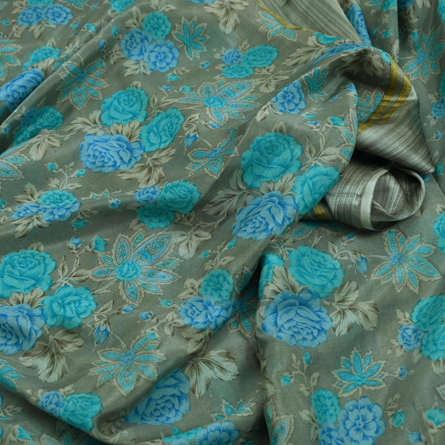 Indian Vintage Sari Blue & Gray Pure Silk Printed Sarees 5yd Sewing Craft Fabric Dress Making Wrap Floral Zari Quilting Crafting Upcycle