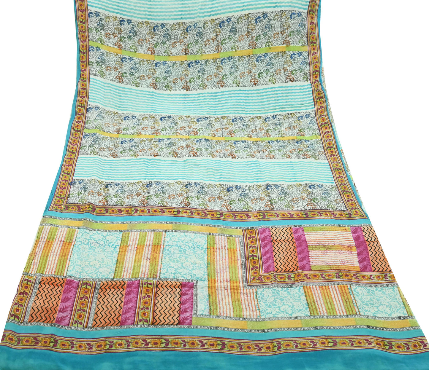 Indian Vintage Sari Ivory & Blue Pure Crepe Silk Printed Saree 5yd Sewing Floral Soft Craft Fabric Wrap Dress making Crafting Quilting