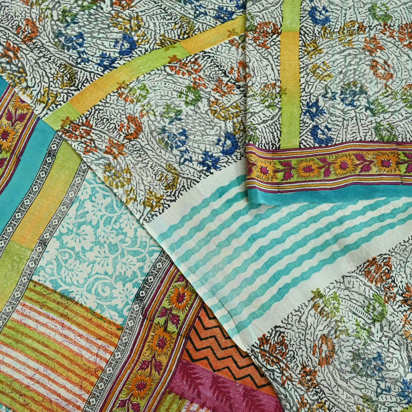 Indian Vintage Sari Ivory & Blue Pure Crepe Silk Printed Saree 5yd Sewing Floral Soft Craft Fabric Wrap Dress making Crafting Quilting