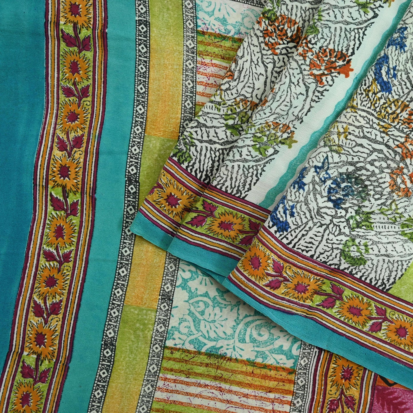 Indian Vintage Sari Ivory & Blue Pure Crepe Silk Printed Saree 5yd Sewing Floral Soft Craft Fabric Wrap Dress making Crafting Quilting