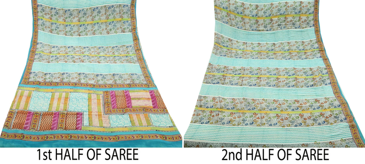 Indian Vintage Sari Ivory & Blue Pure Crepe Silk Printed Saree 5yd Sewing Floral Soft Craft Fabric Wrap Dress making Crafting Quilting