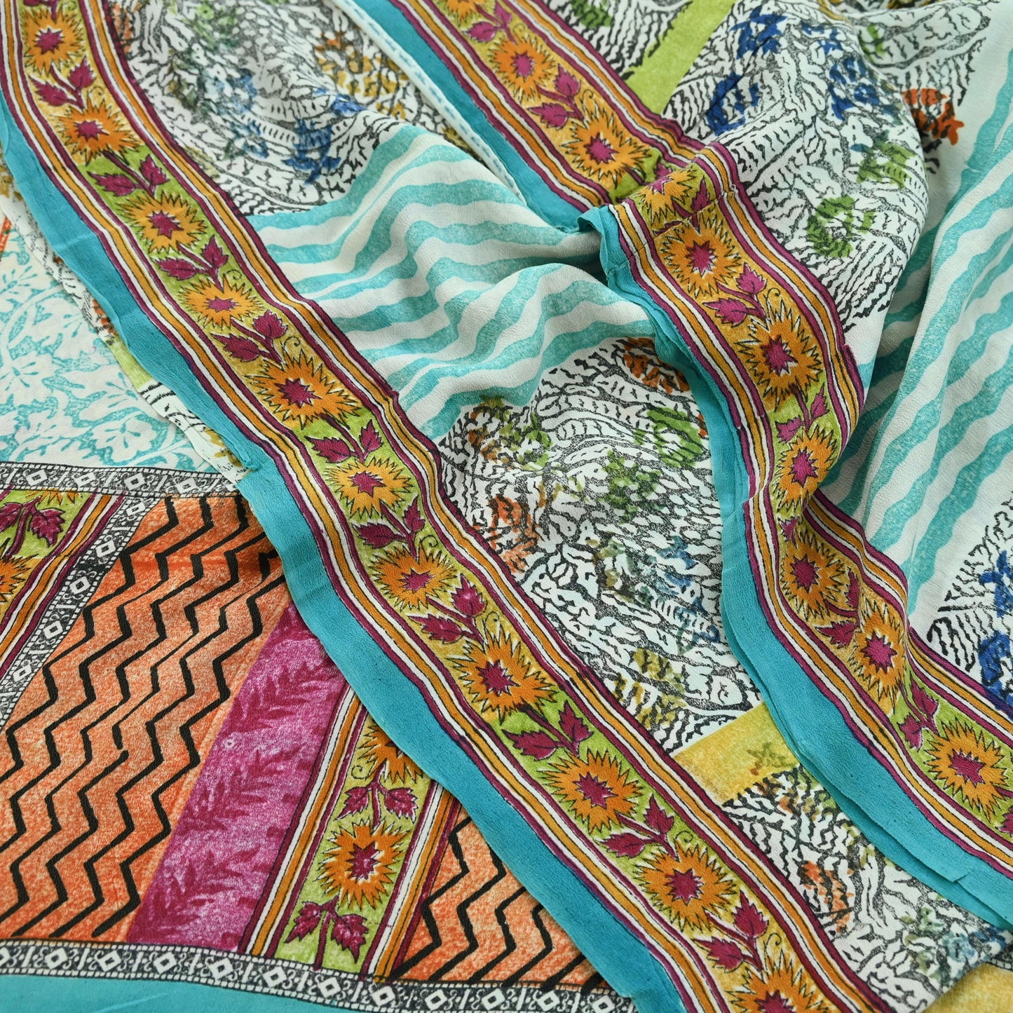 Indian Vintage Sari Ivory & Blue Pure Crepe Silk Printed Saree 5yd Sewing Floral Soft Craft Fabric Wrap Dress making Crafting Quilting