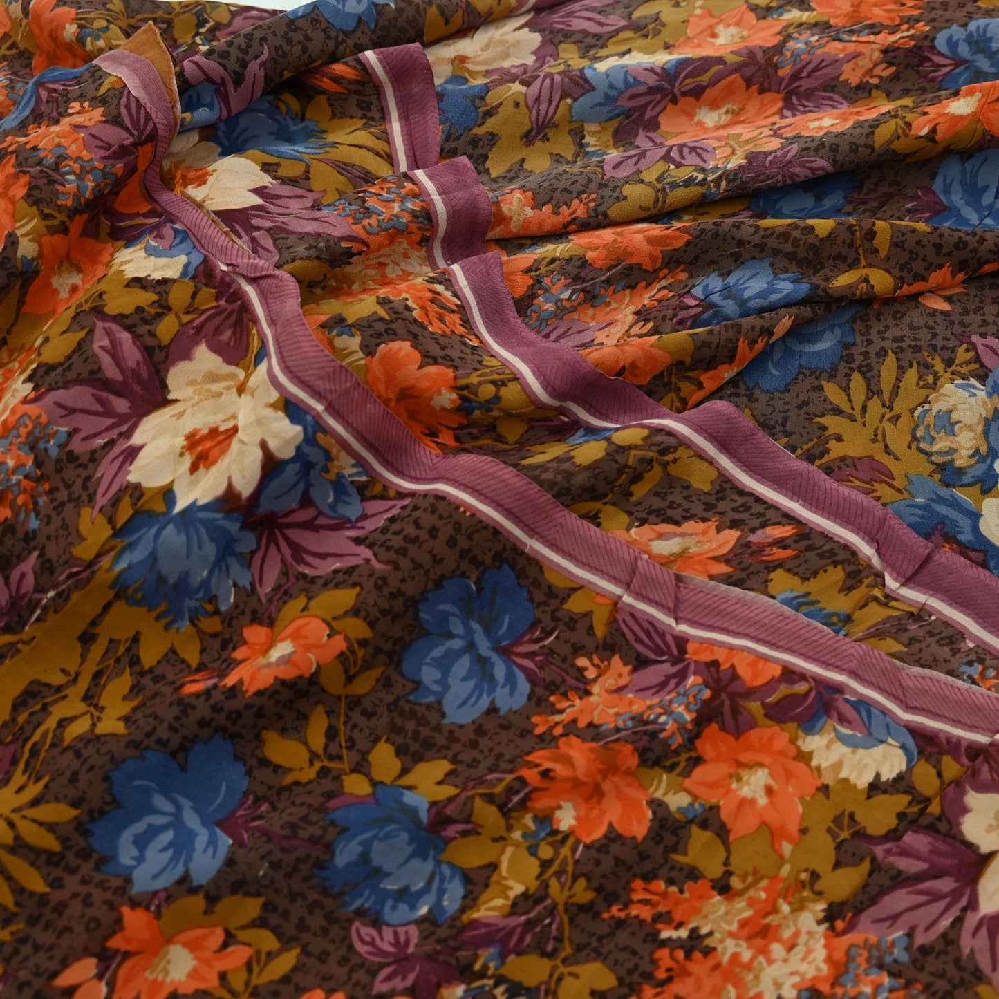 Indian Women Vintage Sari Brown 100% Pure Georgette Silk Printed Saree Sewing 5yd Soft Craft Fabric Floral Design Wrap Boho Dress making