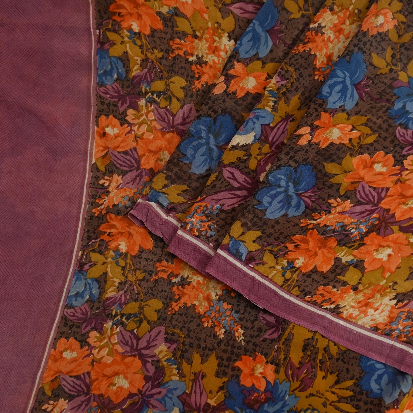 Indian Women Vintage Sari Brown 100% Pure Georgette Silk Printed Saree Sewing 5yd Soft Craft Fabric Floral Design Wrap Boho Dress making