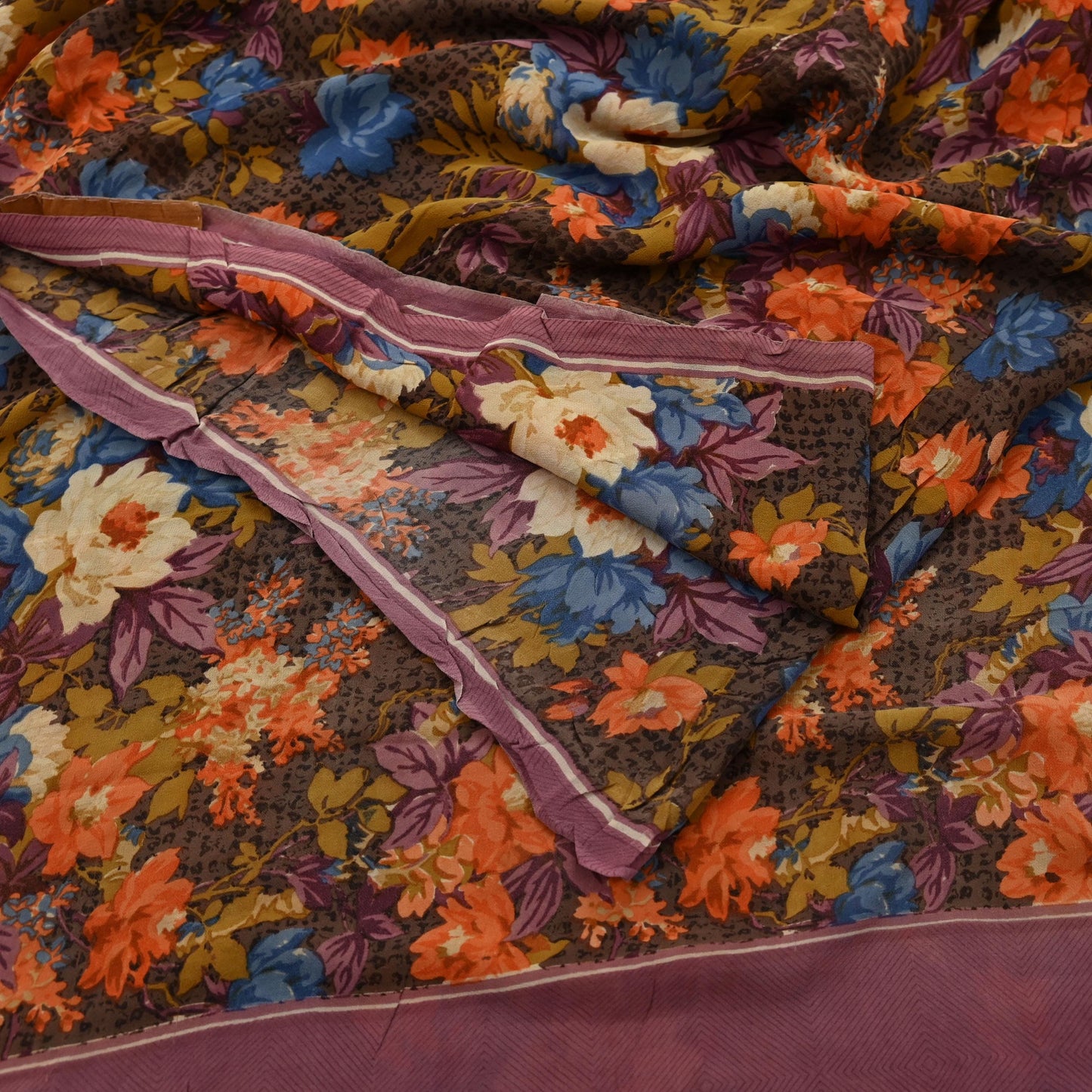 Indian Women Vintage Sari Brown 100% Pure Georgette Silk Printed Saree Sewing 5yd Soft Craft Fabric Floral Design Wrap Boho Dress making