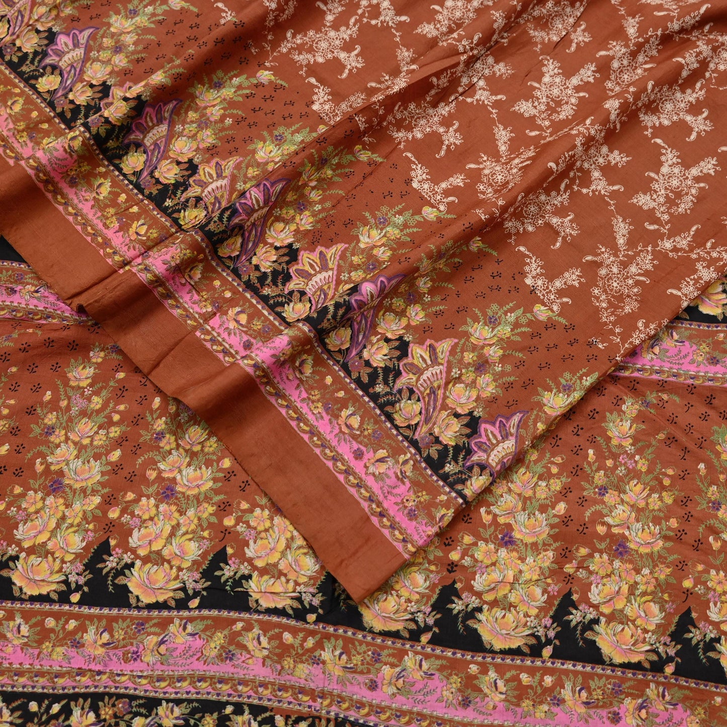 Indian Vintage Sari Orange 100% Pure Silk Printed Saree Craft Fabric 5yd Sewing Dress Making Soft Wrap Floral Quilting Crafting Upcycle