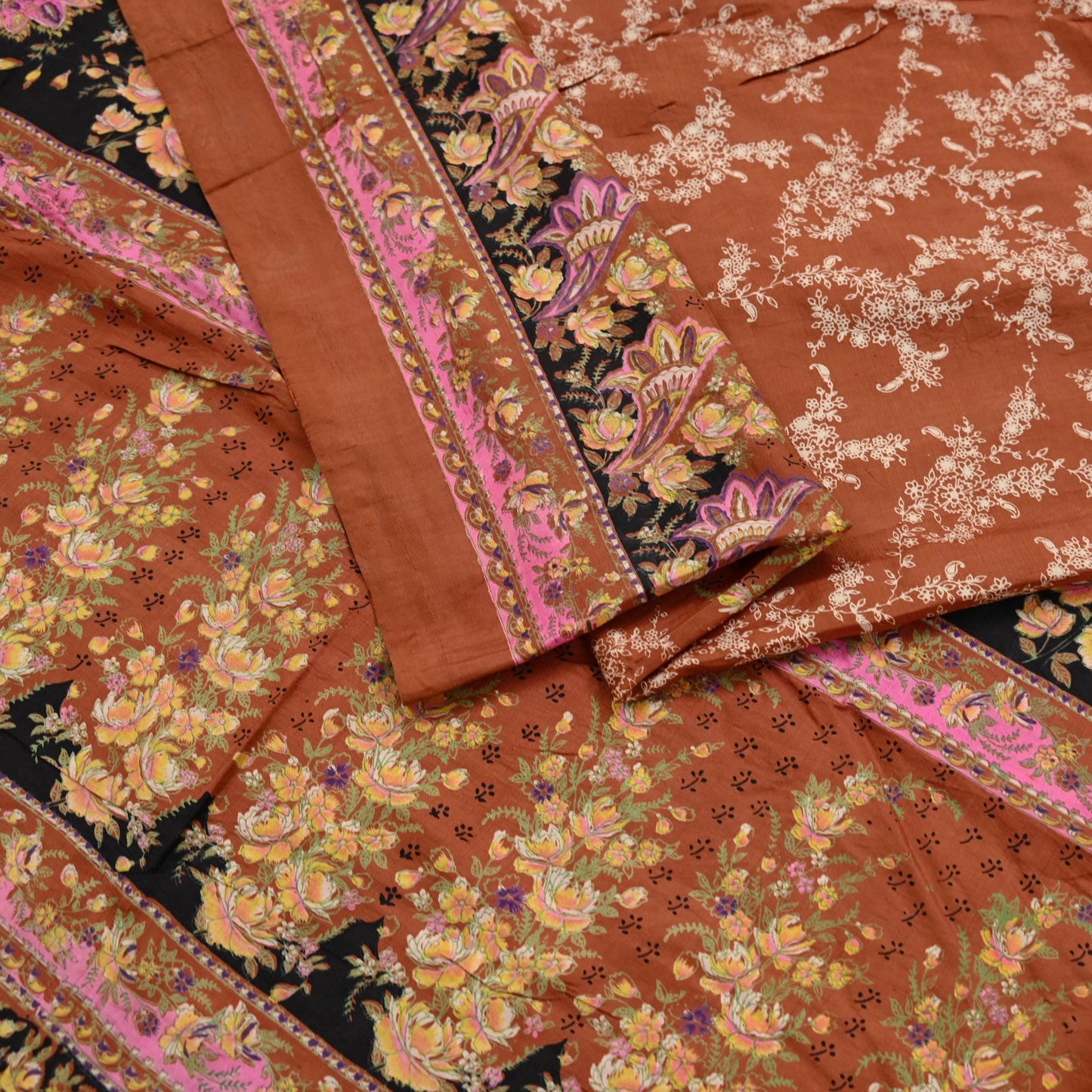 Indian Vintage Sari Orange 100% Pure Silk Printed Saree Craft Fabric 5yd Sewing Dress Making Soft Wrap Floral Quilting Crafting Upcycle