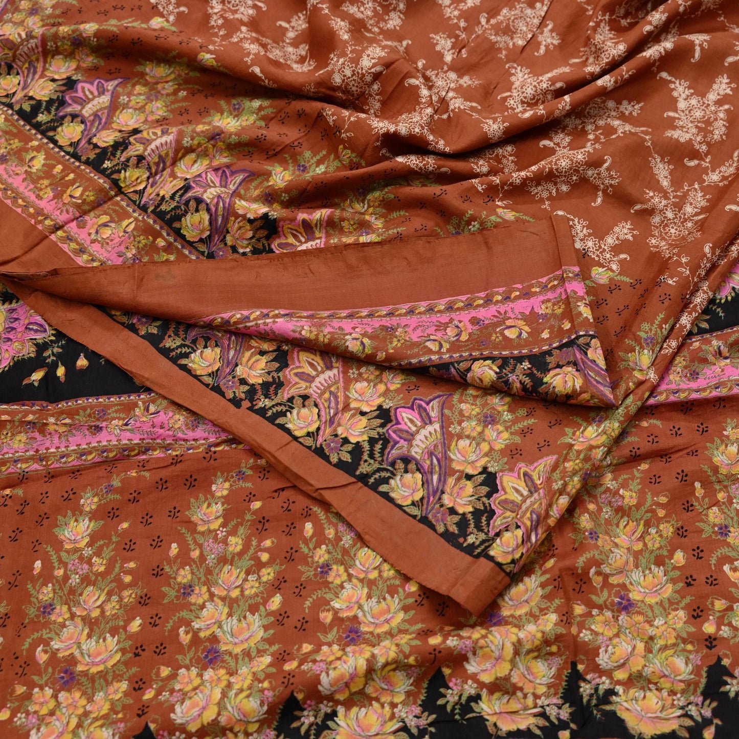 Indian Vintage Sari Orange 100% Pure Silk Printed Saree Craft Fabric 5yd Sewing Dress Making Soft Wrap Floral Quilting Crafting Upcycle
