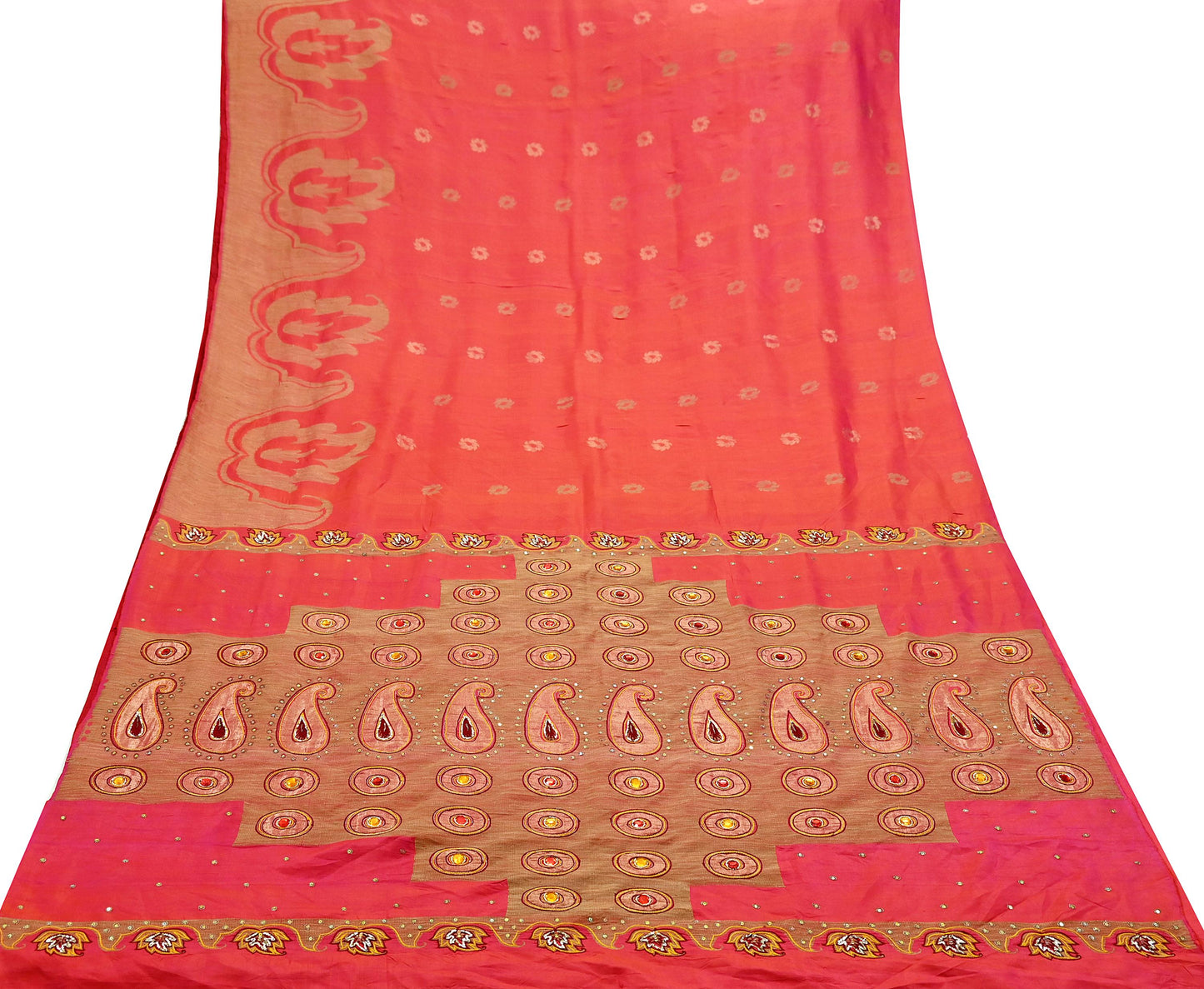 Indian Vintage Sari Pink Hand Embroidered Pure Silk Sarees Craft Fabric 5Yd Sequins Wedding Sarees Quilting Crafting Upcycle