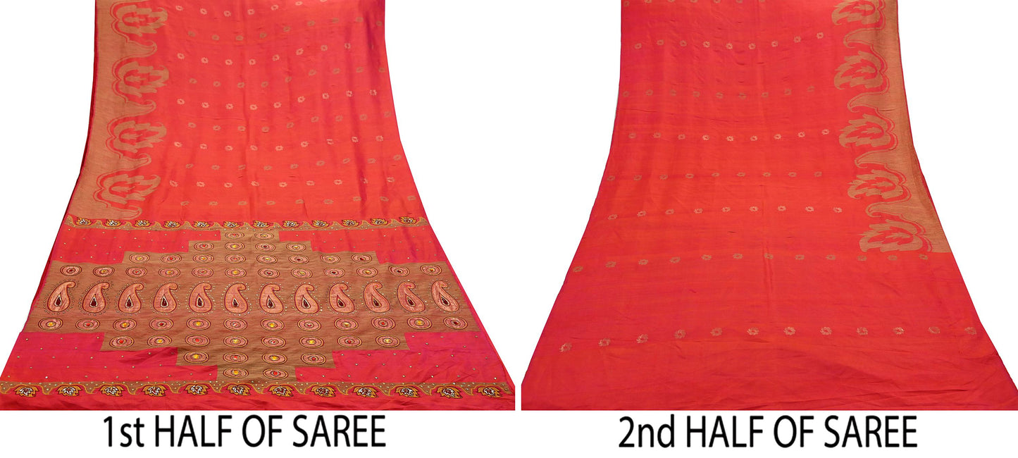 Indian Vintage Sari Pink Hand Embroidered Pure Silk Sarees Craft Fabric 5Yd Sequins Wedding Sarees Quilting Crafting Upcycle