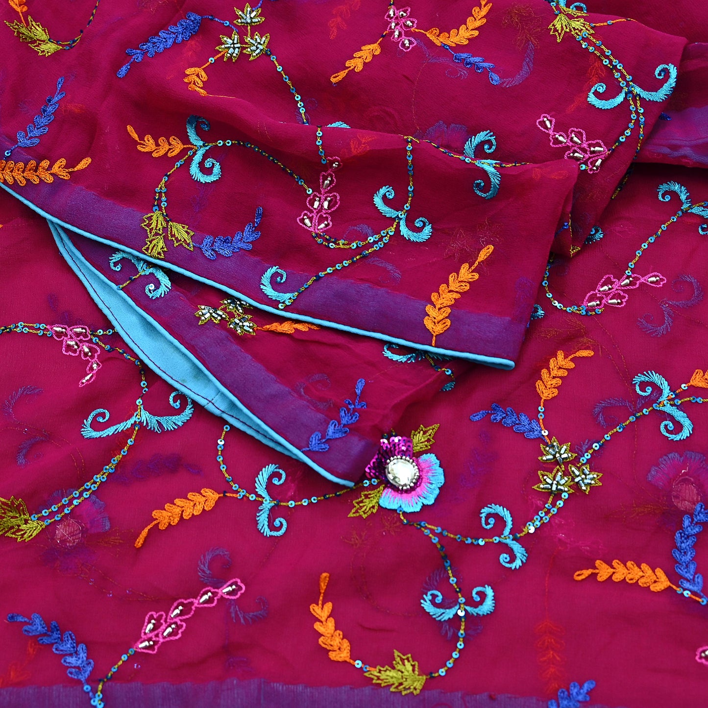 Indian Vintage Magenta Dupatta Pure Georgette silk Long Stole Hand Embroidered Scarves Stole Veil Wrap Sequins