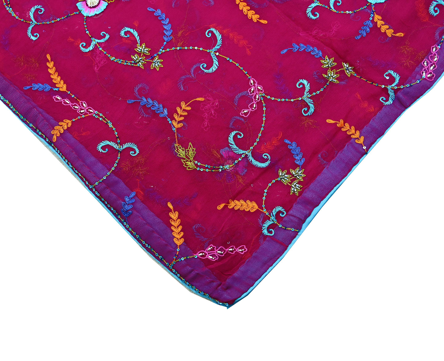 Indian Vintage Magenta Dupatta Pure Georgette silk Long Stole Hand Embroidered Scarves Stole Veil Wrap Sequins