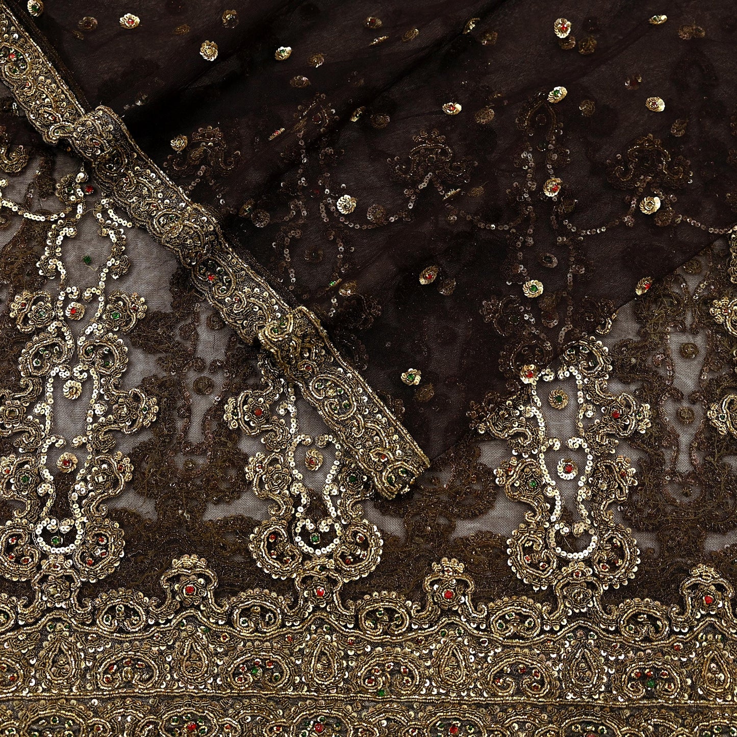 Indian Vintage Heavy Brown Dupatta Net Mesh Long Stole Hand Embroidered Scarves Golden Zardozi Dabka Zari Sequins