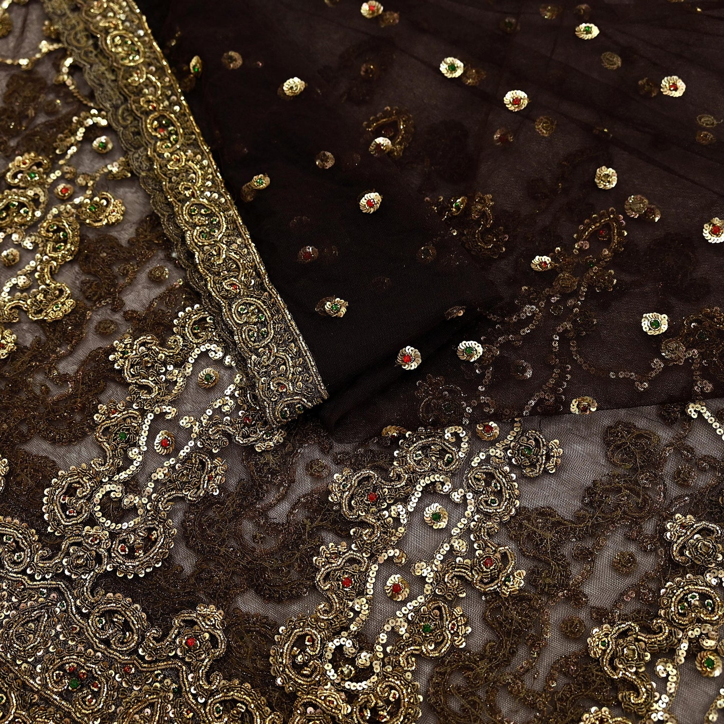 Indian Vintage Heavy Brown Dupatta Net Mesh Long Stole Hand Embroidered Scarves Golden Zardozi Dabka Zari Sequins