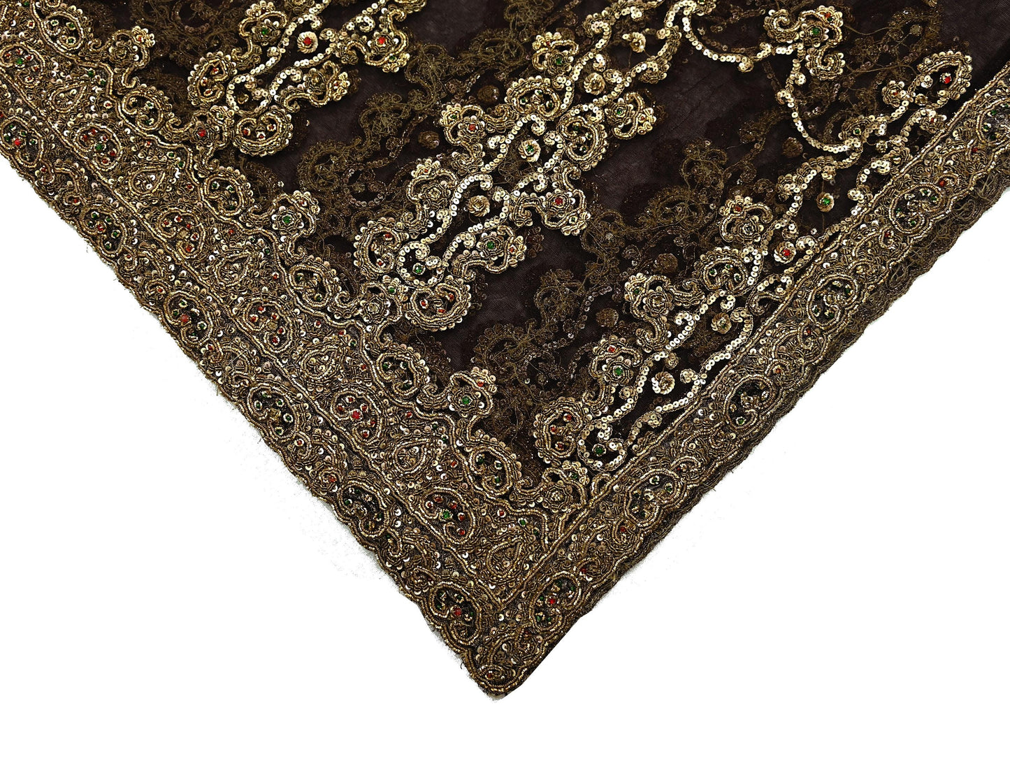 Indian Vintage Heavy Brown Dupatta Net Mesh Long Stole Hand Embroidered Scarves Golden Zardozi Dabka Zari Sequins