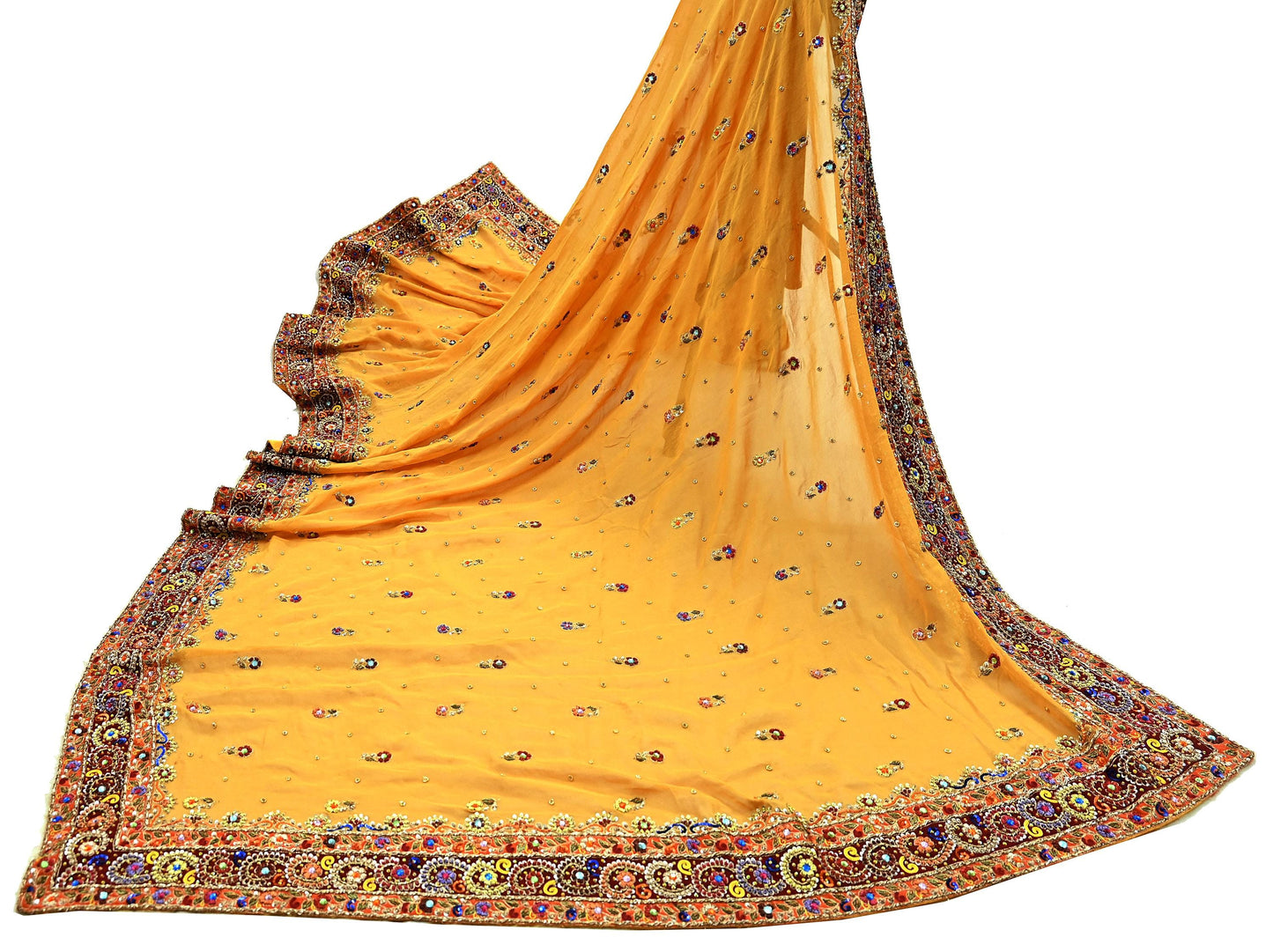 Indian Vintage Heavy Bridal Dupatta Saffron Pure Georgette Silk Long Stole Hand Embroidered Scarf Zardozi/Dabka Zari Wedding/Party Dupatta