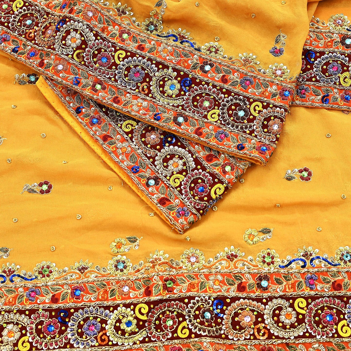 Indian Vintage Heavy Bridal Dupatta Saffron Pure Georgette Silk Long Stole Hand Embroidered Scarf Zardozi/Dabka Zari Wedding/Party Dupatta