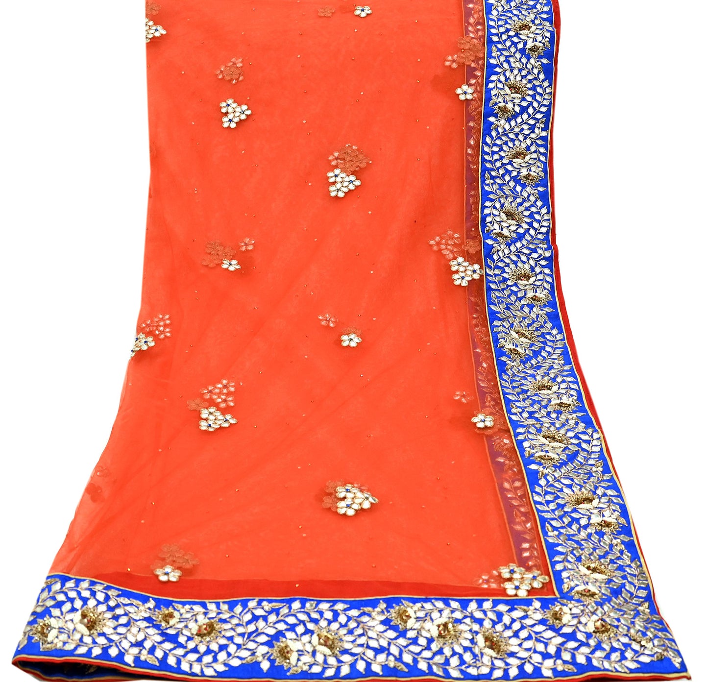 Indian Vintage Heavy Orange Dupatta Net Mesh Long Stole Hand Embroidered Scarves Zardozi/ Dabka Zari Bridal/ Wedding Veil