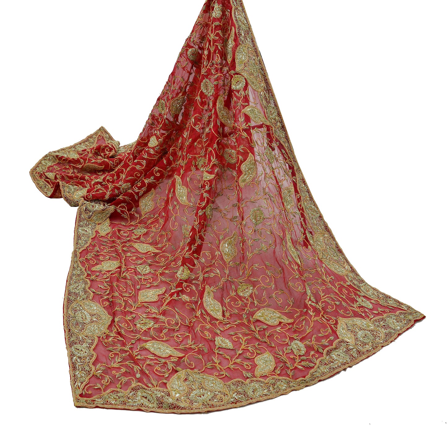 Indian Vintage Heavy Bridal Red Dupatta Pure Chiffon Silk Long Stole Hand Embroidered Scarf Zardozi/Dabka Zari Sequins Wedding Veil Hijab