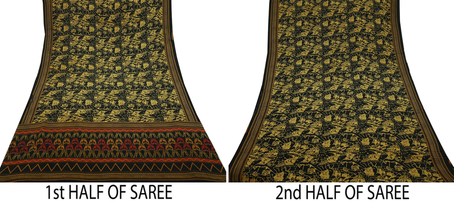 Indian Vintage Sari Mustard & Black Pure Crepe Silk Printed Sarees 5yd Sewing Soft Craft Fabric Floral Wrap Quilting Dress Making Crafting