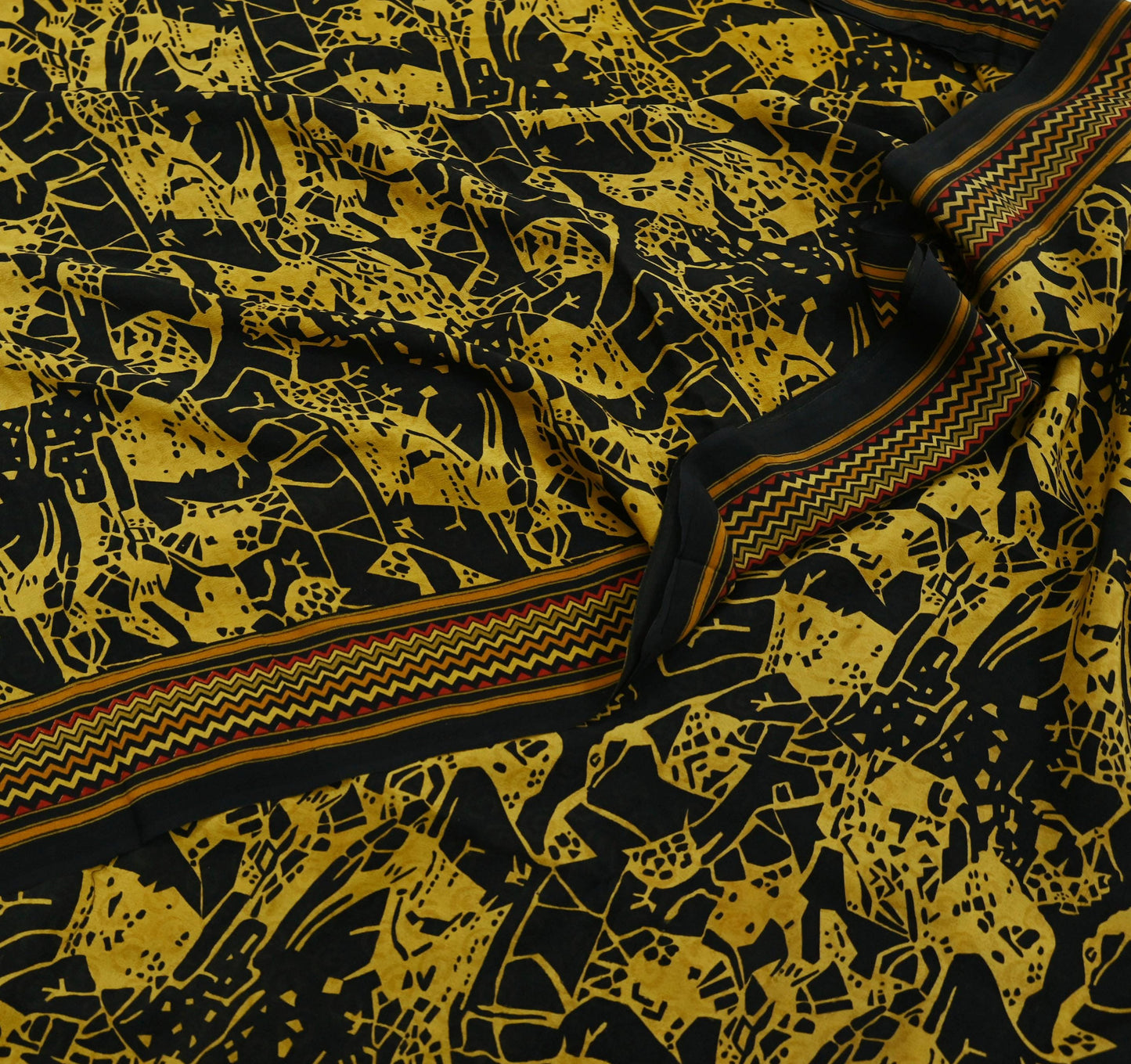 Indian Vintage Sari Mustard & Black Pure Crepe Silk Printed Sarees 5yd Sewing Soft Craft Fabric Floral Wrap Quilting Dress Making Crafting