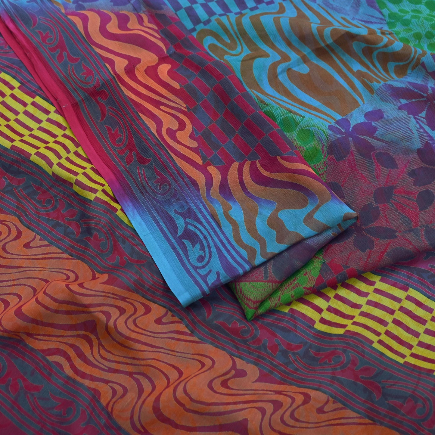 Indian Vintage Sari Blue & Purple Pure Chiffon Silk Printed Sarees Craft Fabric Sewing 6Yd Soft Light Sari Dress Making