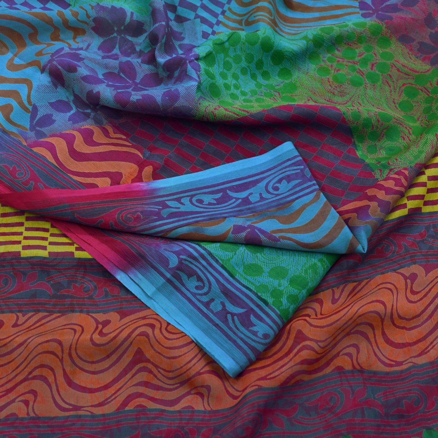 Indian Vintage Sari Blue & Purple Pure Chiffon Silk Printed Sarees Craft Fabric Sewing 6Yd Soft Light Sari Dress Making