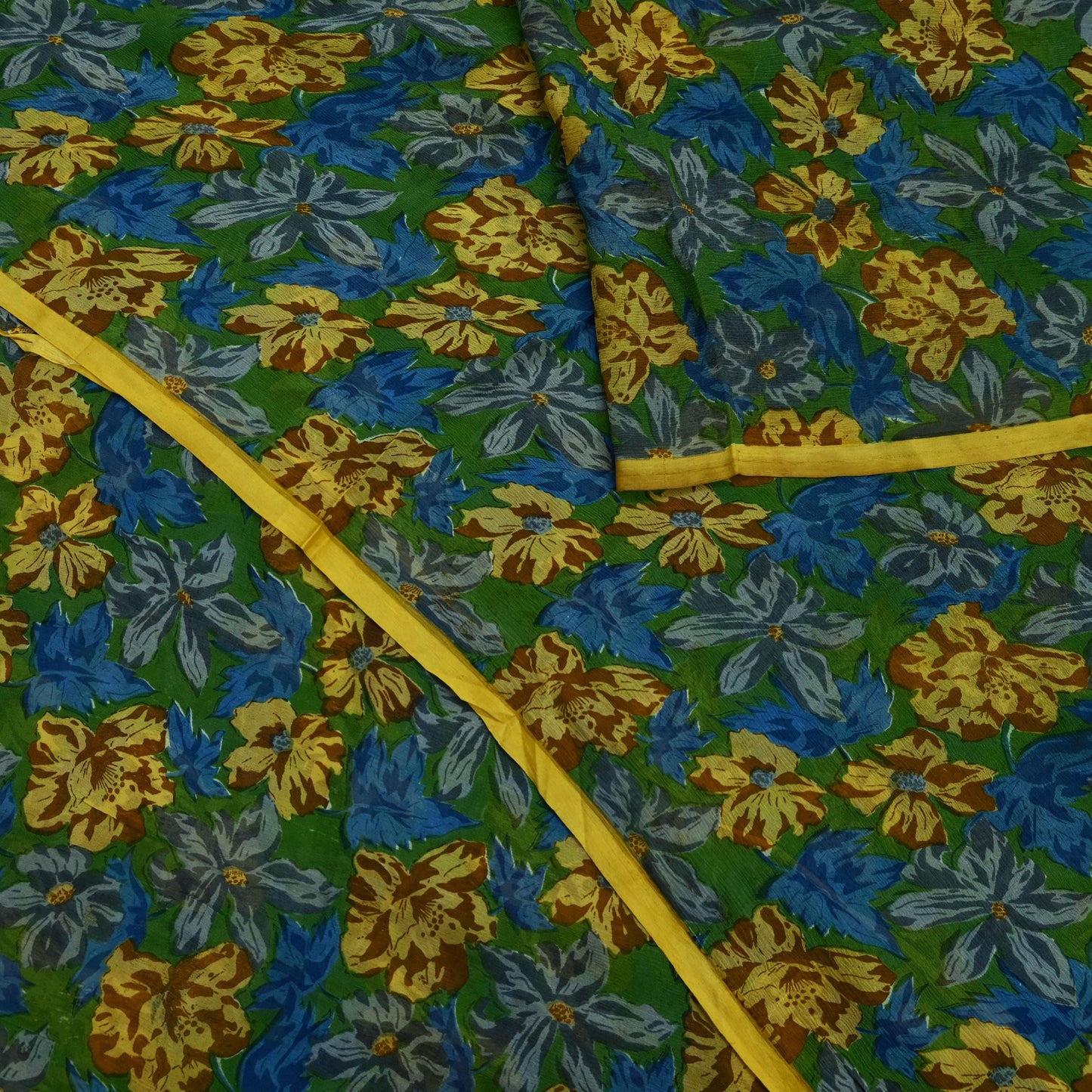 Indian Vintage Sari Green Pure Chiffon Silk Printed Sarees 5Yd Craft Fabric Sewing Soft Light Sari Dress Making Floral Quilting Crafting