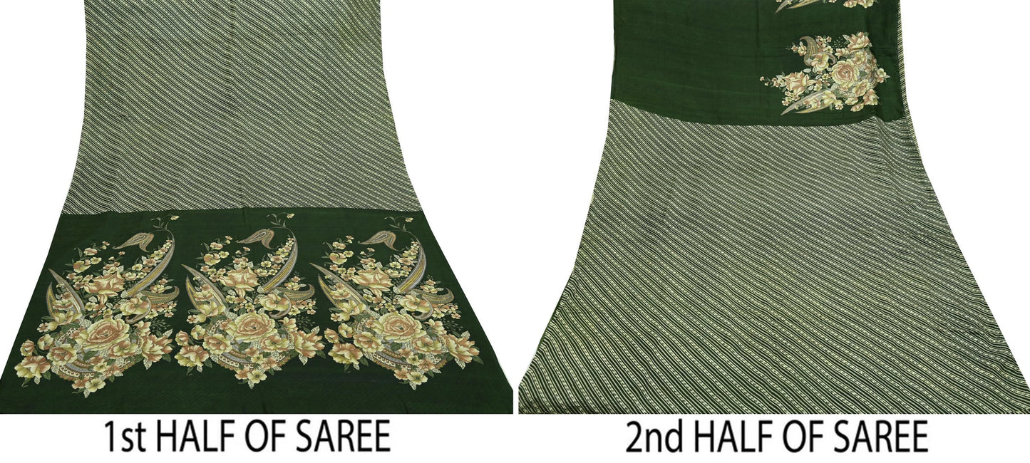 Indian Vintage Sari Green Pure Silk Printed Sarees 5yd Sewing Craft Fabric Dress Making Soft Floral Wrap Upcycle Used Quilting Crafting