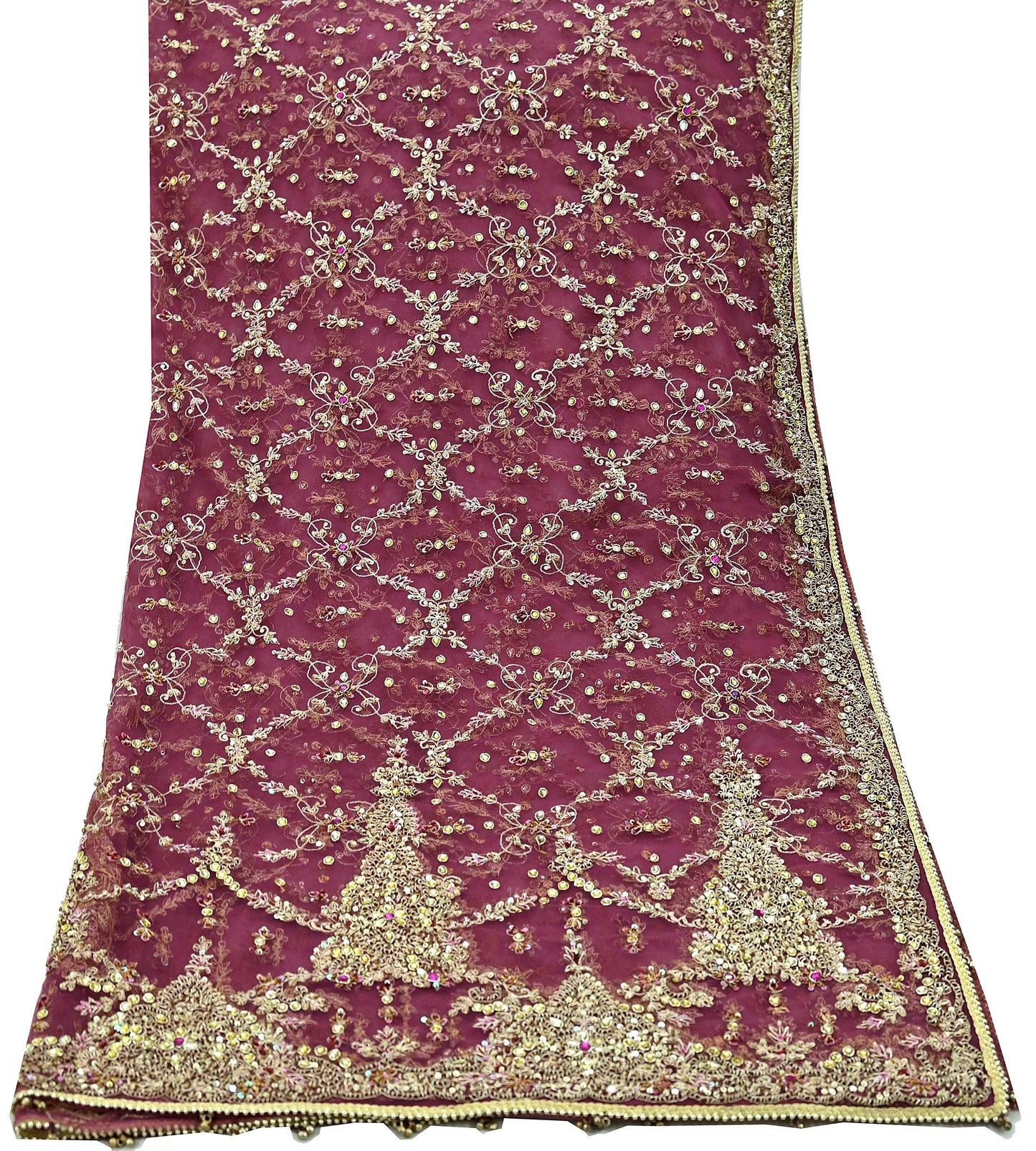 Indian Vintage Heavy Purple Dupatta Net Mesh Long Stole Hand Embroidered Scarf Zardozi Zari Sequins Stole Wedding Veil