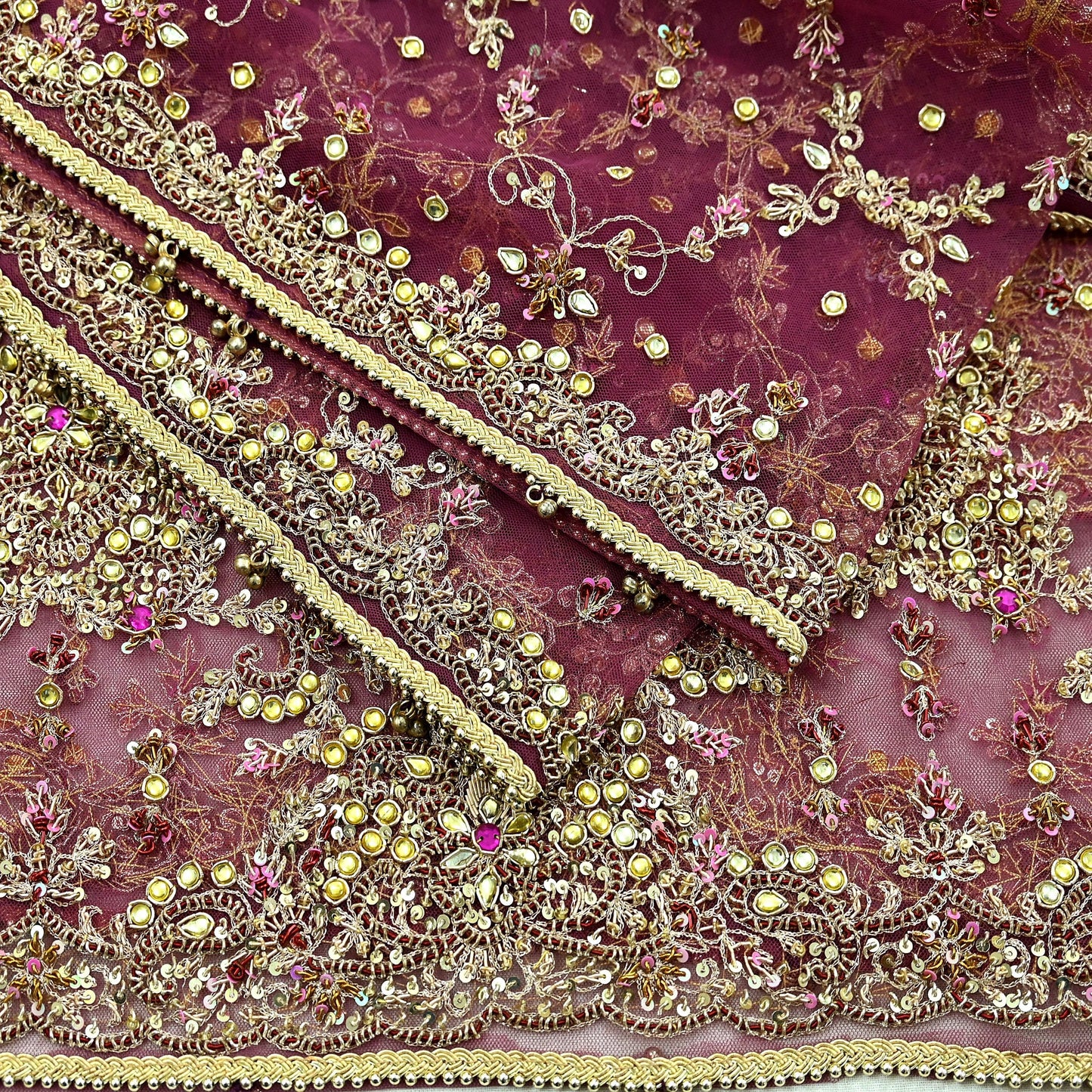 Indian Vintage Heavy Purple Dupatta Net Mesh Long Stole Hand Embroidered Scarf Zardozi Zari Sequins Stole Wedding Veil