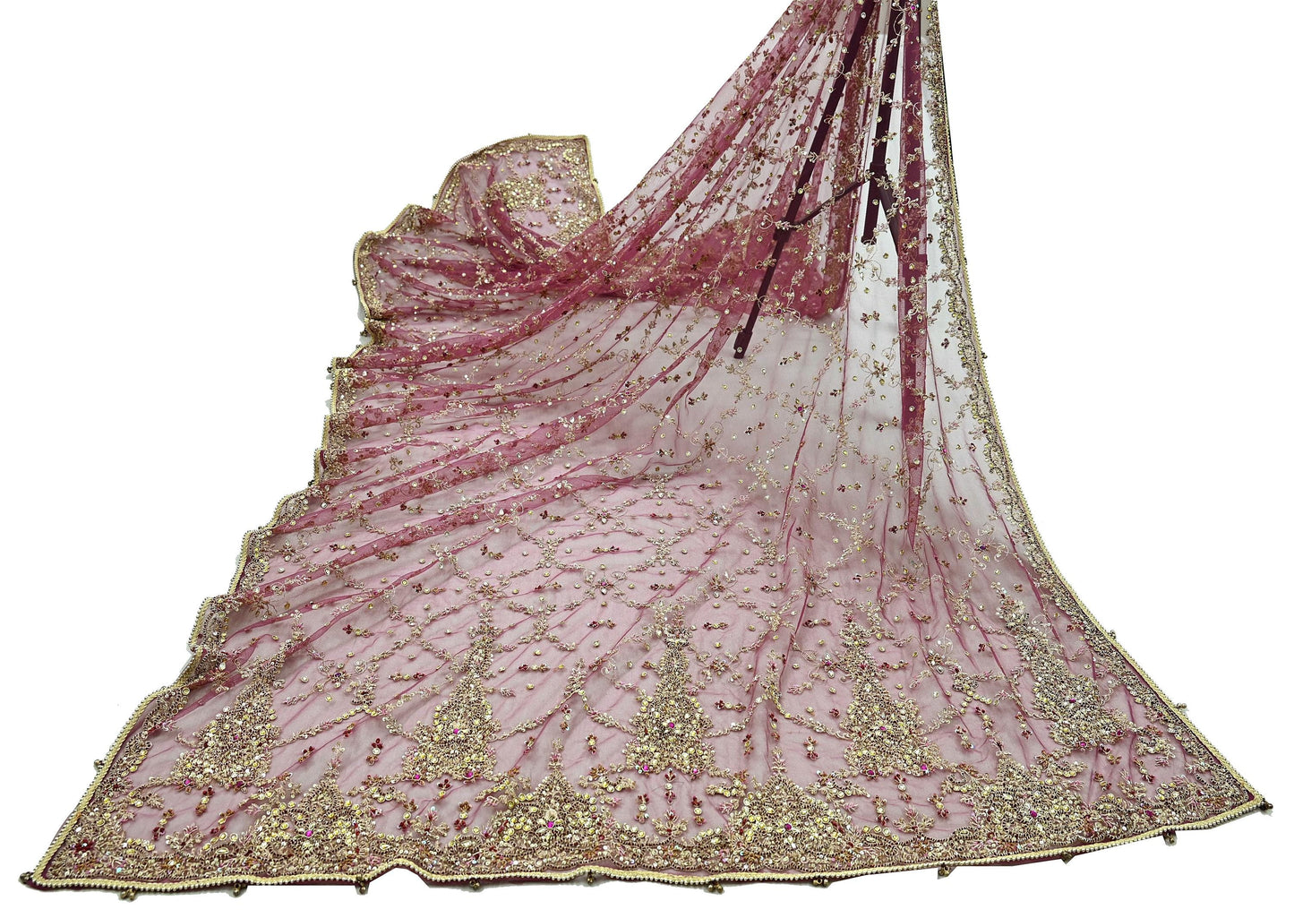 Indian Vintage Heavy Purple Dupatta Net Mesh Long Stole Hand Embroidered Scarf Zardozi Zari Sequins Stole Wedding Veil