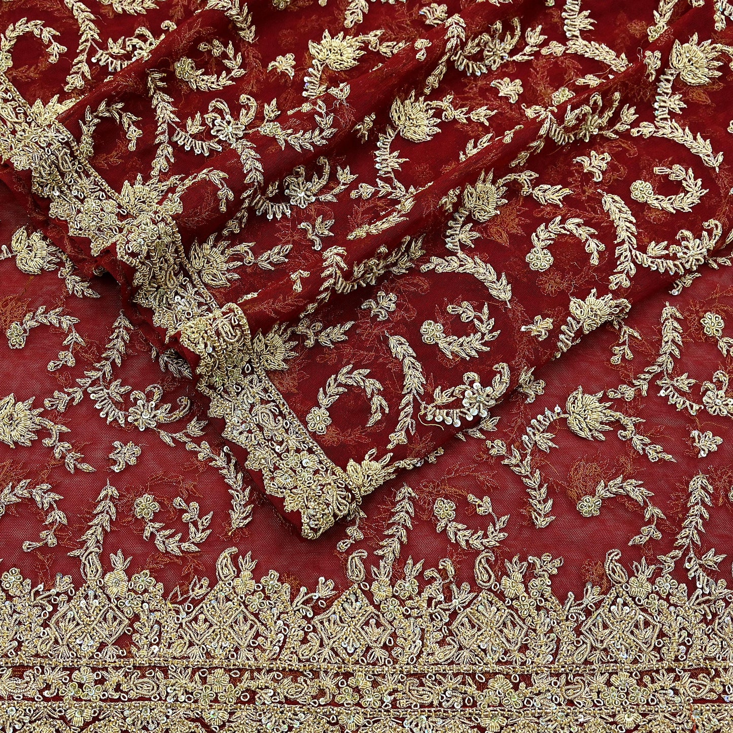 Indian Vintage Heavy Red Dupatta Net Mesh Long Stole Hand Embroidered Scarves Golden Zardozi Zari Sequins Stole