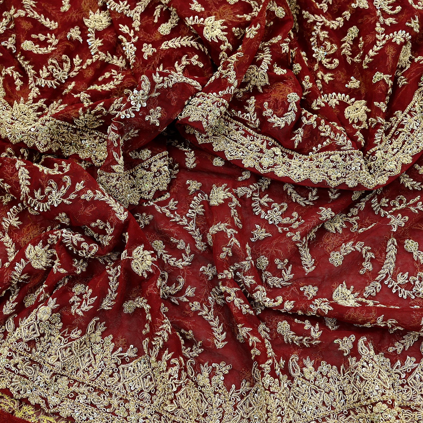 Indian Vintage Heavy Red Dupatta Net Mesh Long Stole Hand Embroidered Scarves Golden Zardozi Zari Sequins Stole