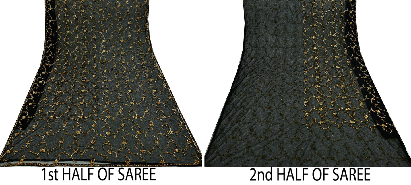 Indian Vintage Heavy Sari Black Net/Mesh Embroidered Sarees Fabric 5Yd Sewing Soft Floral Craft Fabric Dress making Crafting Bollywood sari