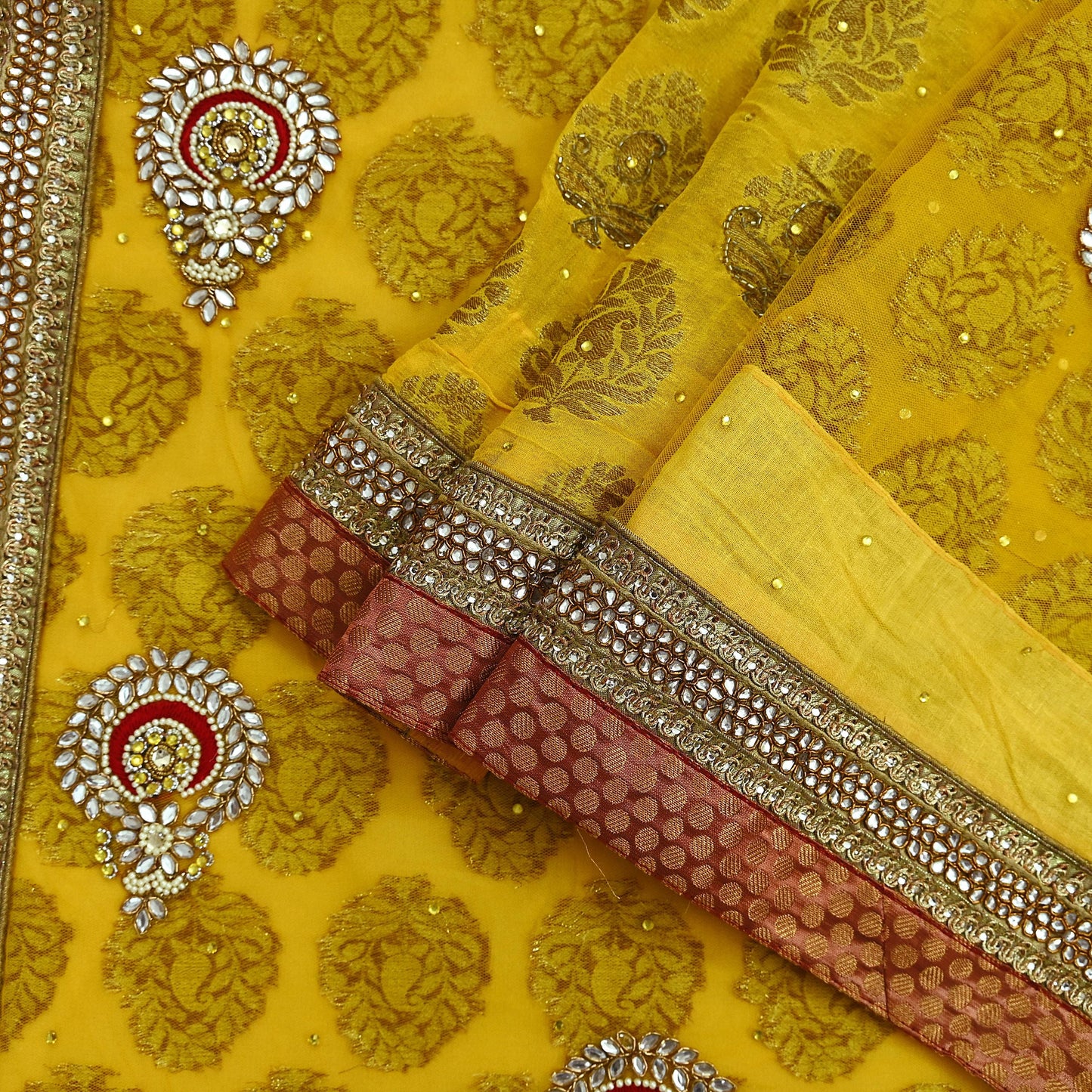 Indian Vintage Heavy Yellow Saree Georgette & Net Hand Beaded Sari Fabric 6Yd Sewing Soft Ethnic Wedding Sarees With Blouse